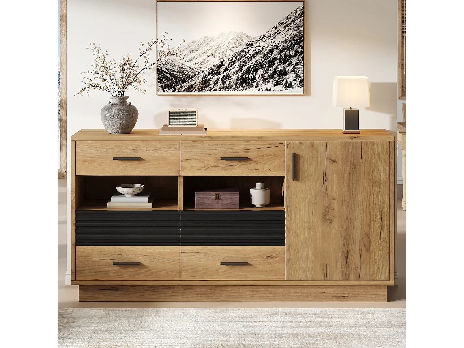 Buffet 140 x 35 x 70 cm - With 6 drawers, 1 door and 12 storage compartments - MDF - Natural + Black