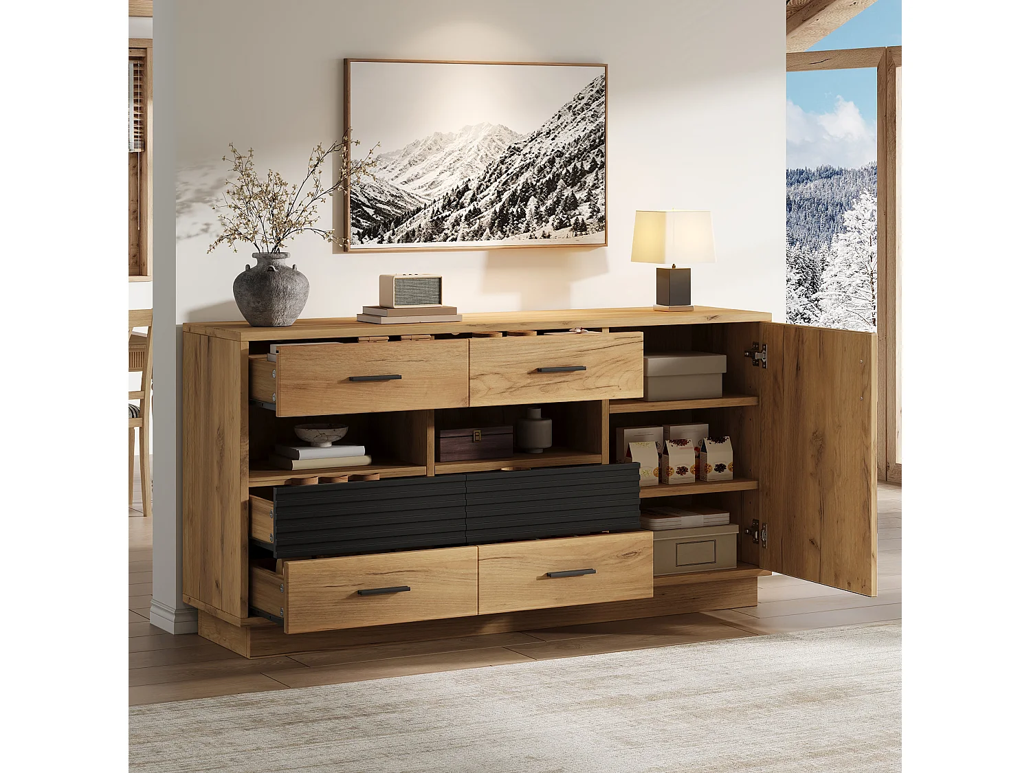 Buffet 140 x 35 x 70 cm - With 6 drawers, 1 door and 12 storage compartments - MDF - Natural + Black