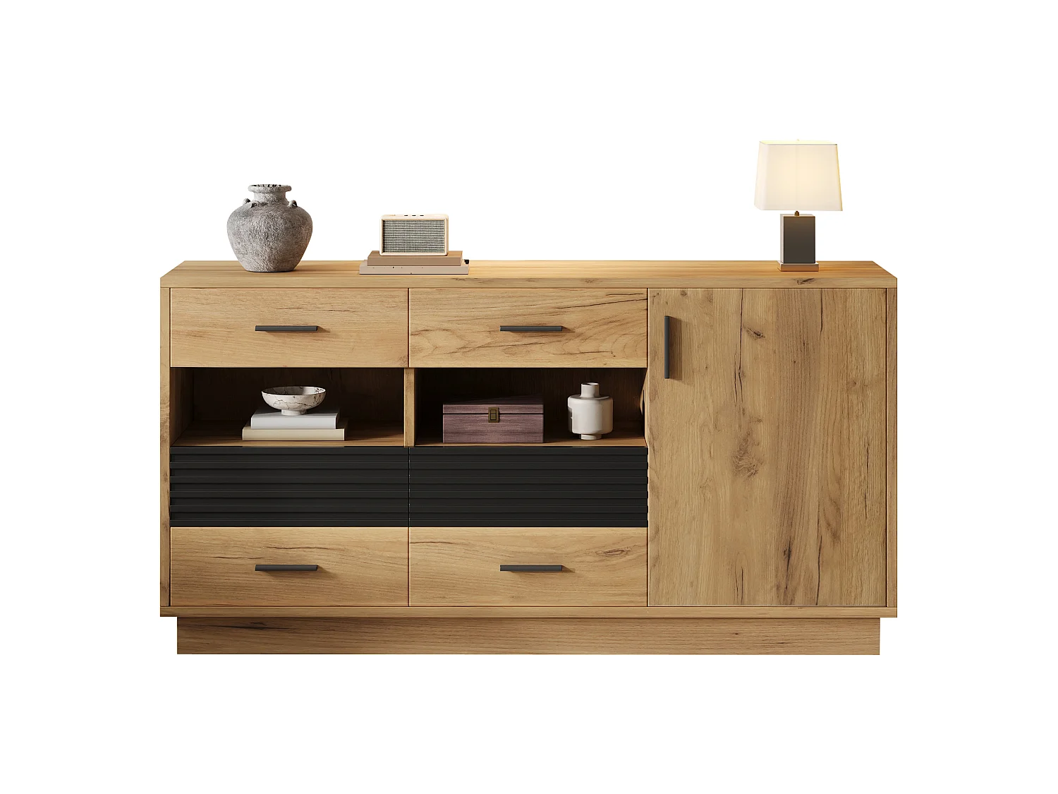 Buffet 140 x 35 x 70 cm - With 6 drawers, 1 door and 12 storage compartments - MDF - Natural + Black