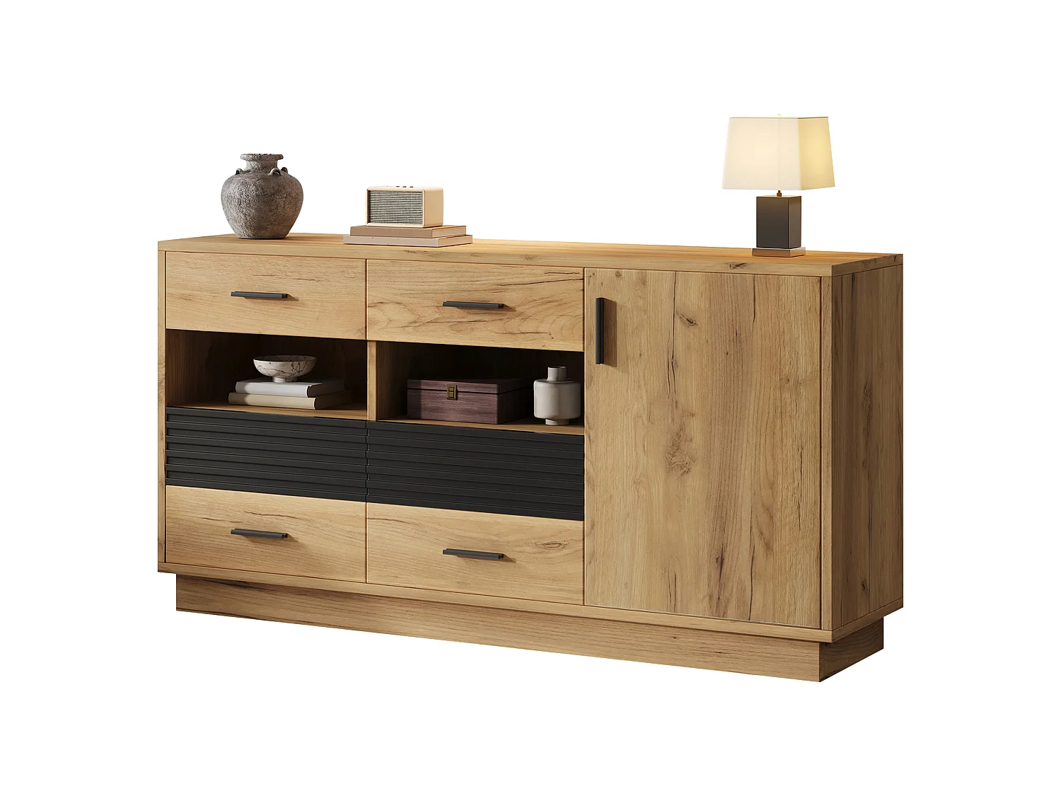 Buffet 140 x 35 x 70 cm - With 6 drawers, 1 door and 12 storage compartments - MDF - Natural + Black