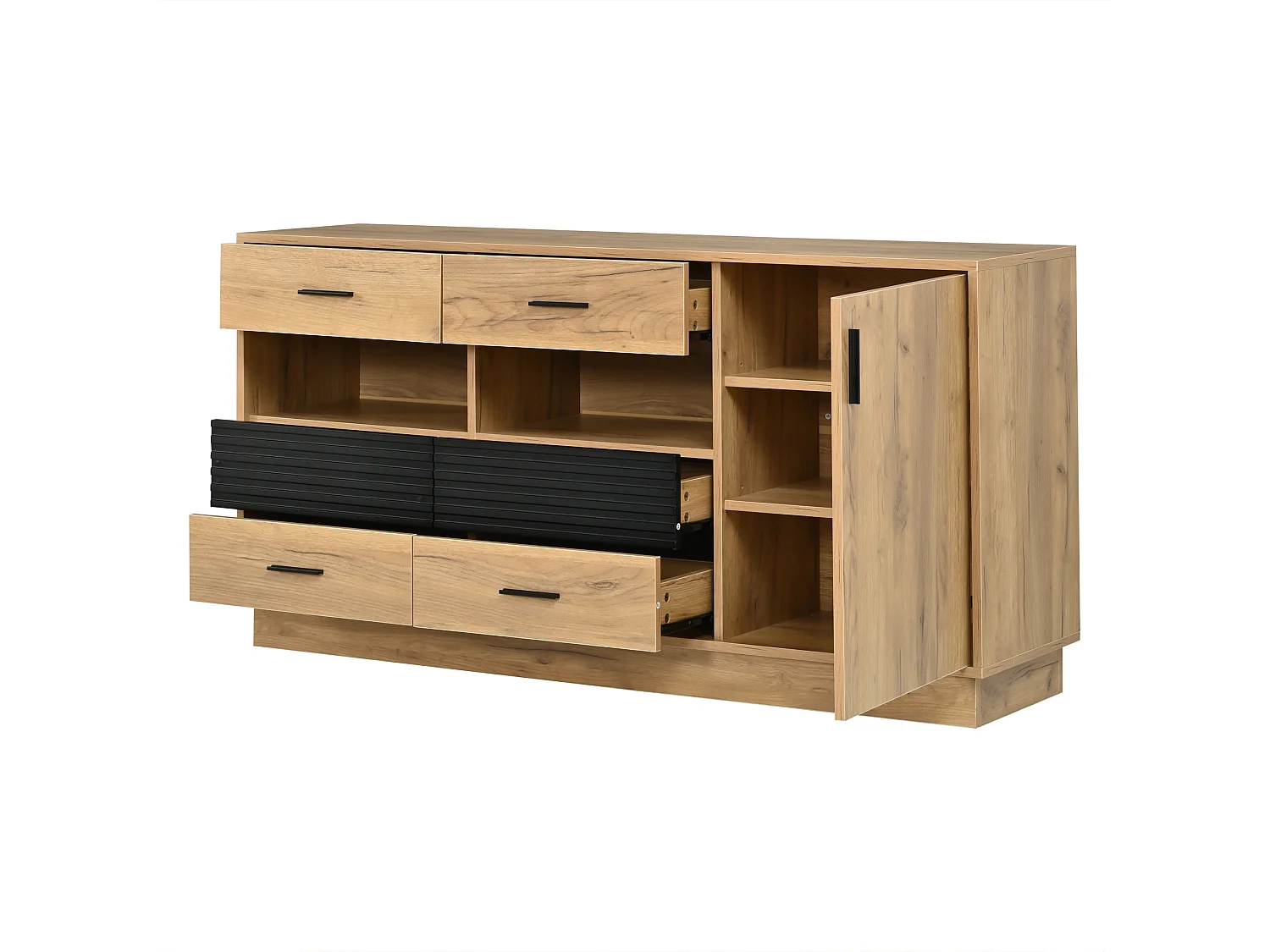 Buffet 140 x 35 x 70 cm - With 6 drawers, 1 door and 12 storage compartments - MDF - Natural + Black
