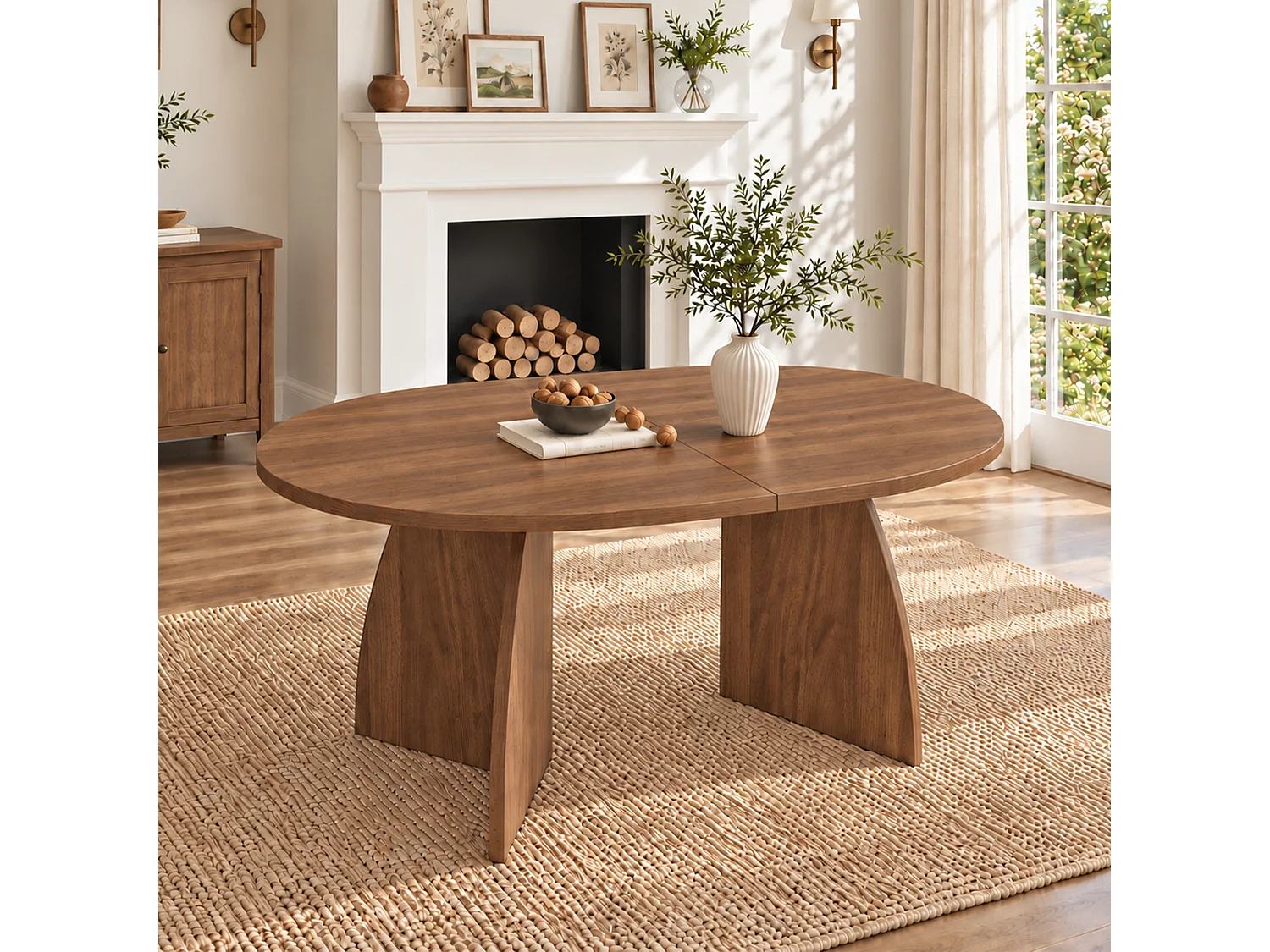 Table à manger extensible 160/200x90x75 cm - 6 à 8 personnes - Design à coins arrondis - Finition noyer - Marron