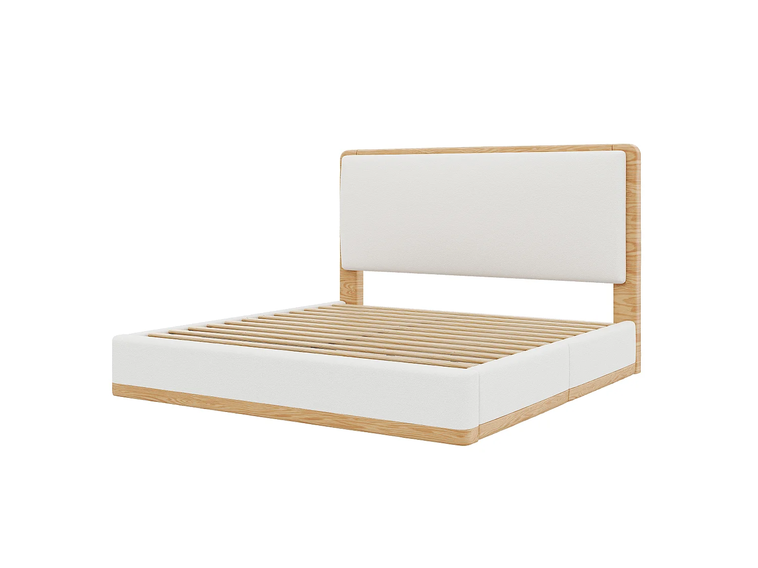 Dobbeltseng polstret 140x200 - Voksenseng med polstret hovedgærde - MDF+PU - Teddy-stof - Hvid+Naturel (uden madras)