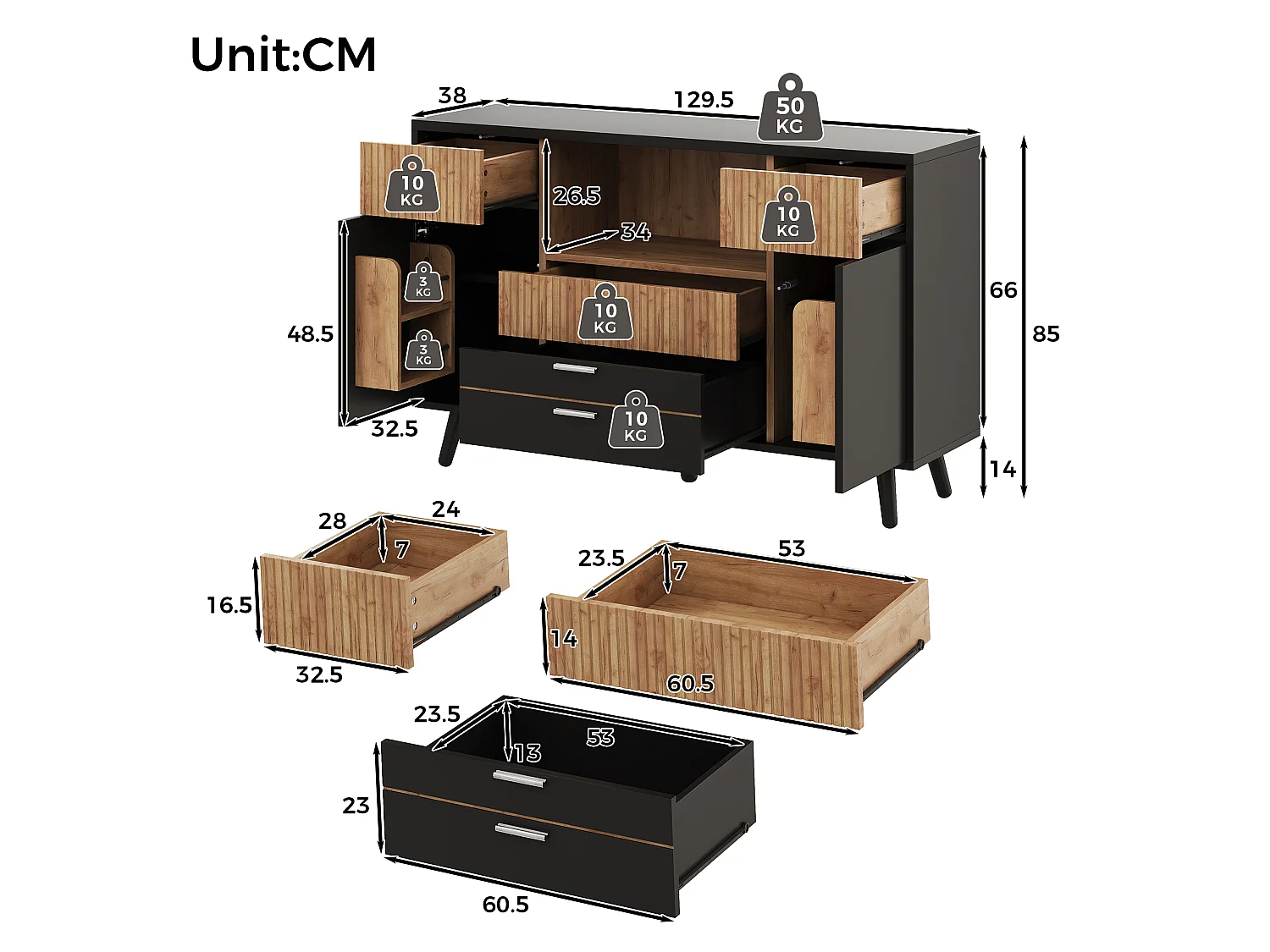 Modern sideboard 130x38x85cm - with LED lighting - with 2 doors and 4 drawers - adjustable shelf - Black + Natural