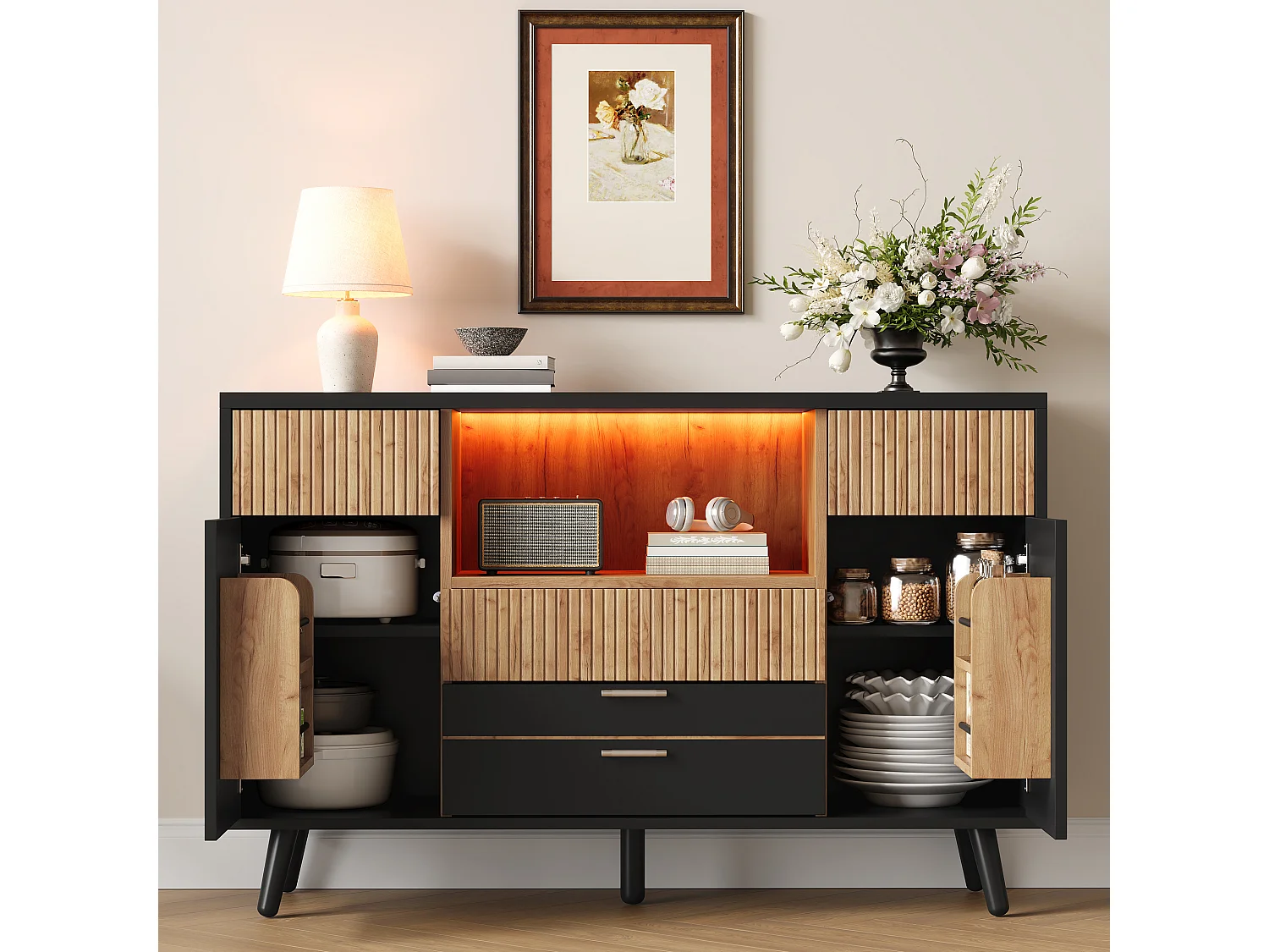 Modern sideboard 130x38x85cm - with LED lighting - with 2 doors and 4 drawers - adjustable shelf - Black + Natural