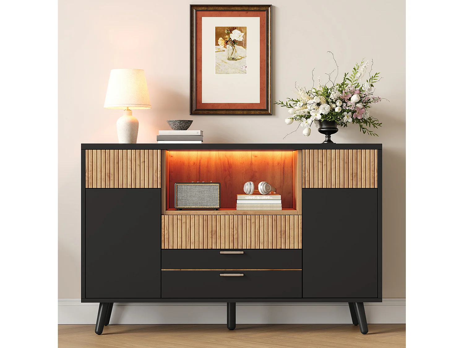Modern sideboard 130x38x85cm - with LED lighting - with 2 doors and 4 drawers - adjustable shelf - Black + Natural