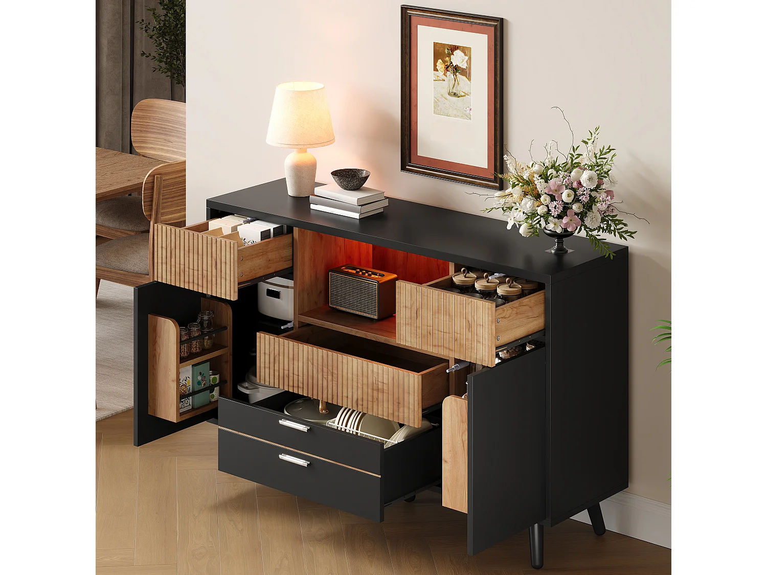 Modern sideboard 130x38x85cm - with LED lighting - with 2 doors and 4 drawers - adjustable shelf - Black + Natural