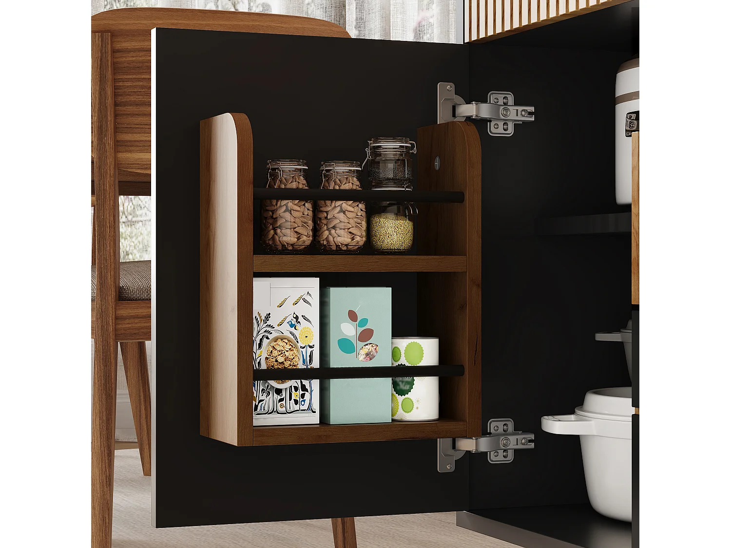 Modern sideboard 130x38x85cm - with LED lighting - with 2 doors and 4 drawers - adjustable shelf - Black + Natural
