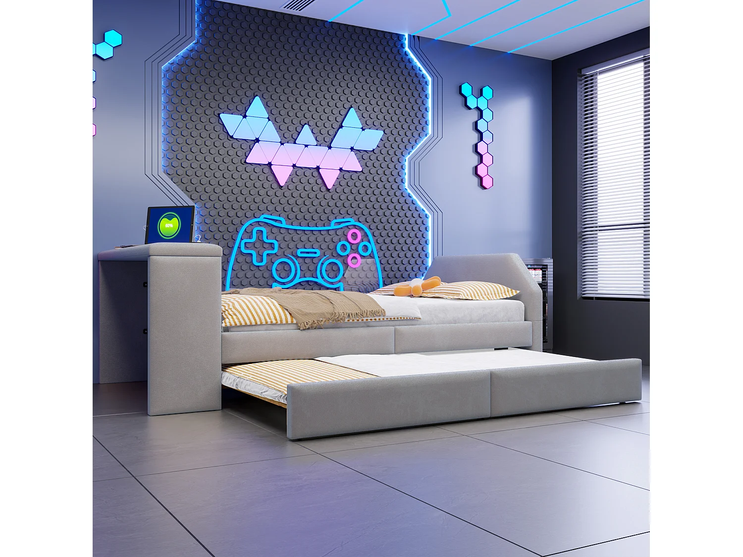 Lit pour enfant rembourré 90x200 cm – avec port de charge USB – avec lit gigogne – Velours – Gris (matelas non inclus)