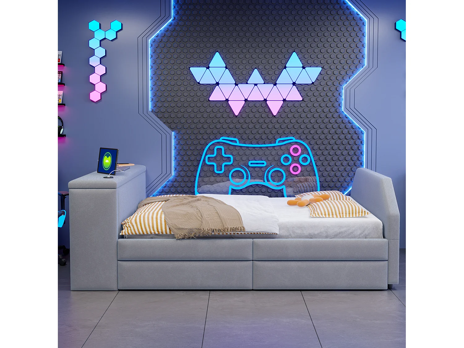 Lit pour enfant rembourré 90x200 cm – avec port de charge USB – avec lit gigogne – Velours – Gris (matelas non inclus)
