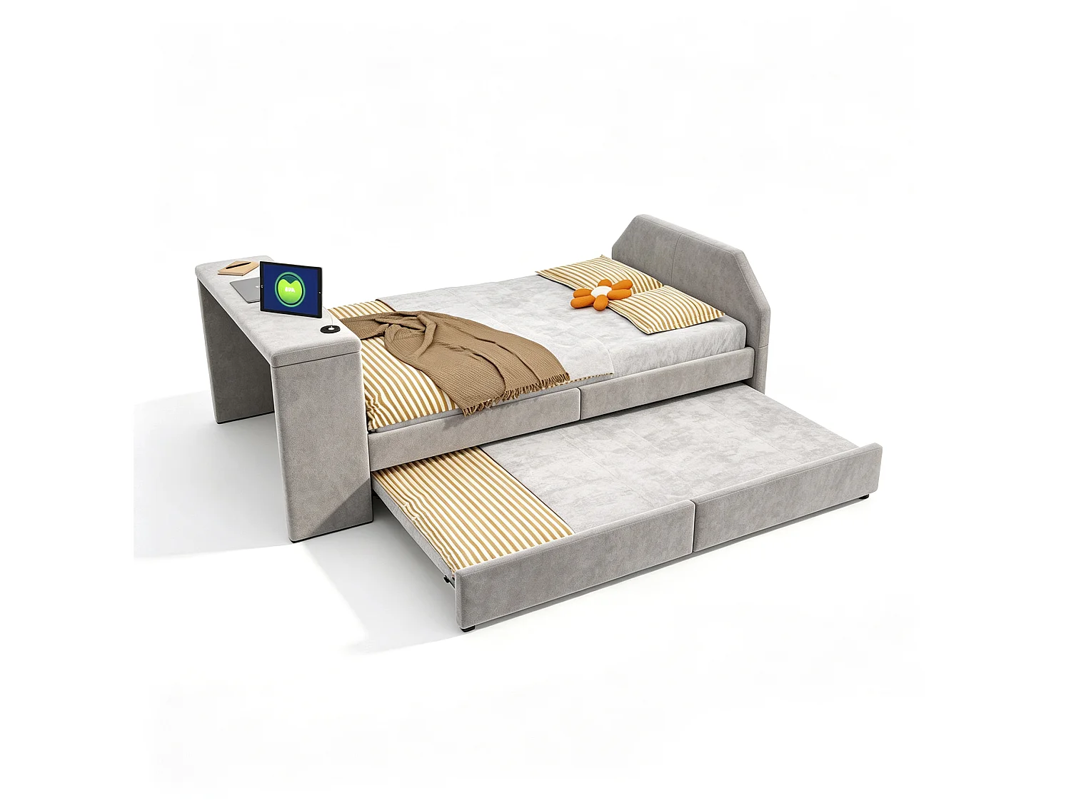 Lit pour enfant rembourré 90x200 cm – avec port de charge USB – avec lit gigogne – Velours – Gris (matelas non inclus)