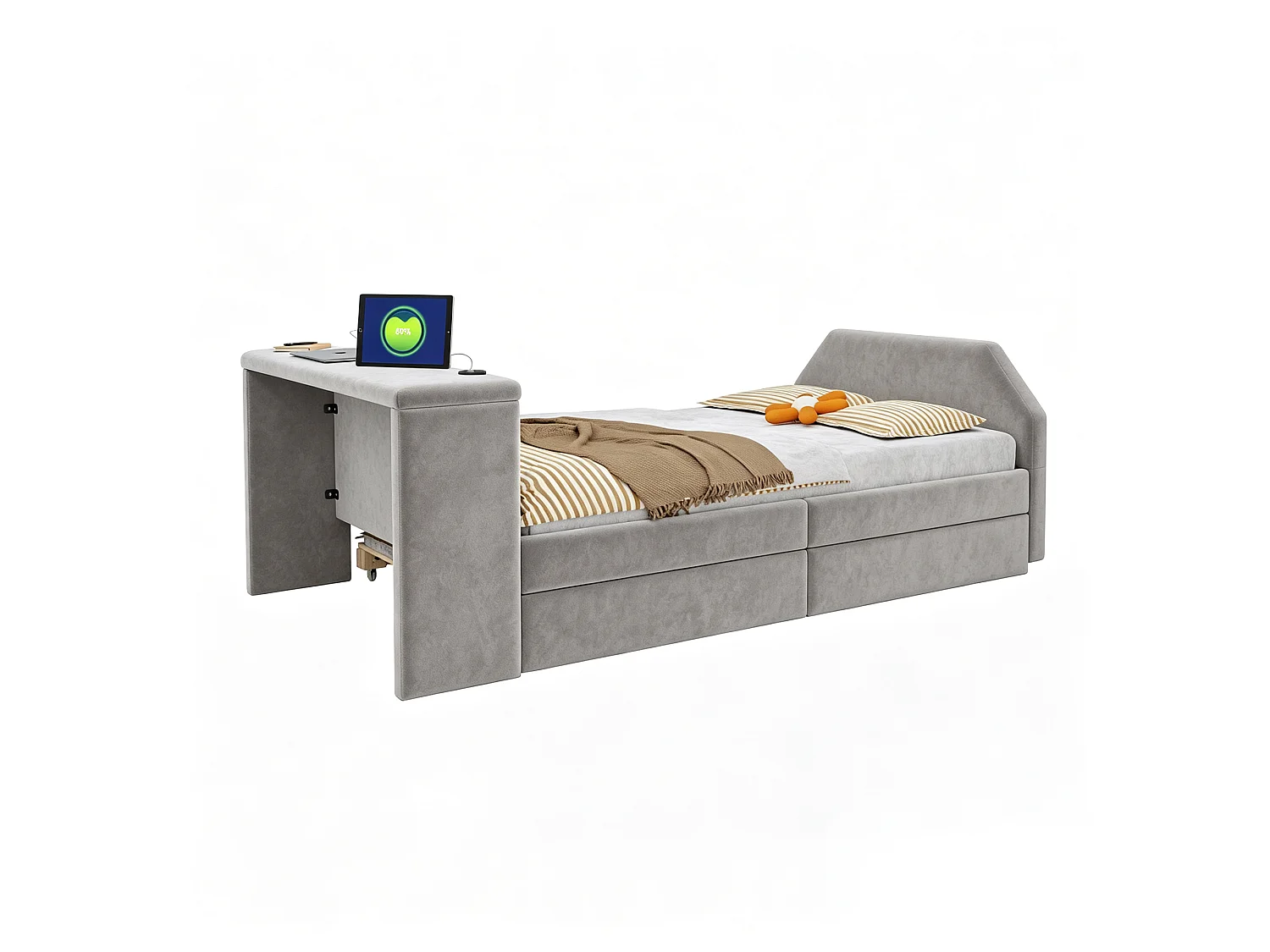 Lit pour enfant rembourré 90x200 cm – avec port de charge USB – avec lit gigogne – Velours – Gris (matelas non inclus)
