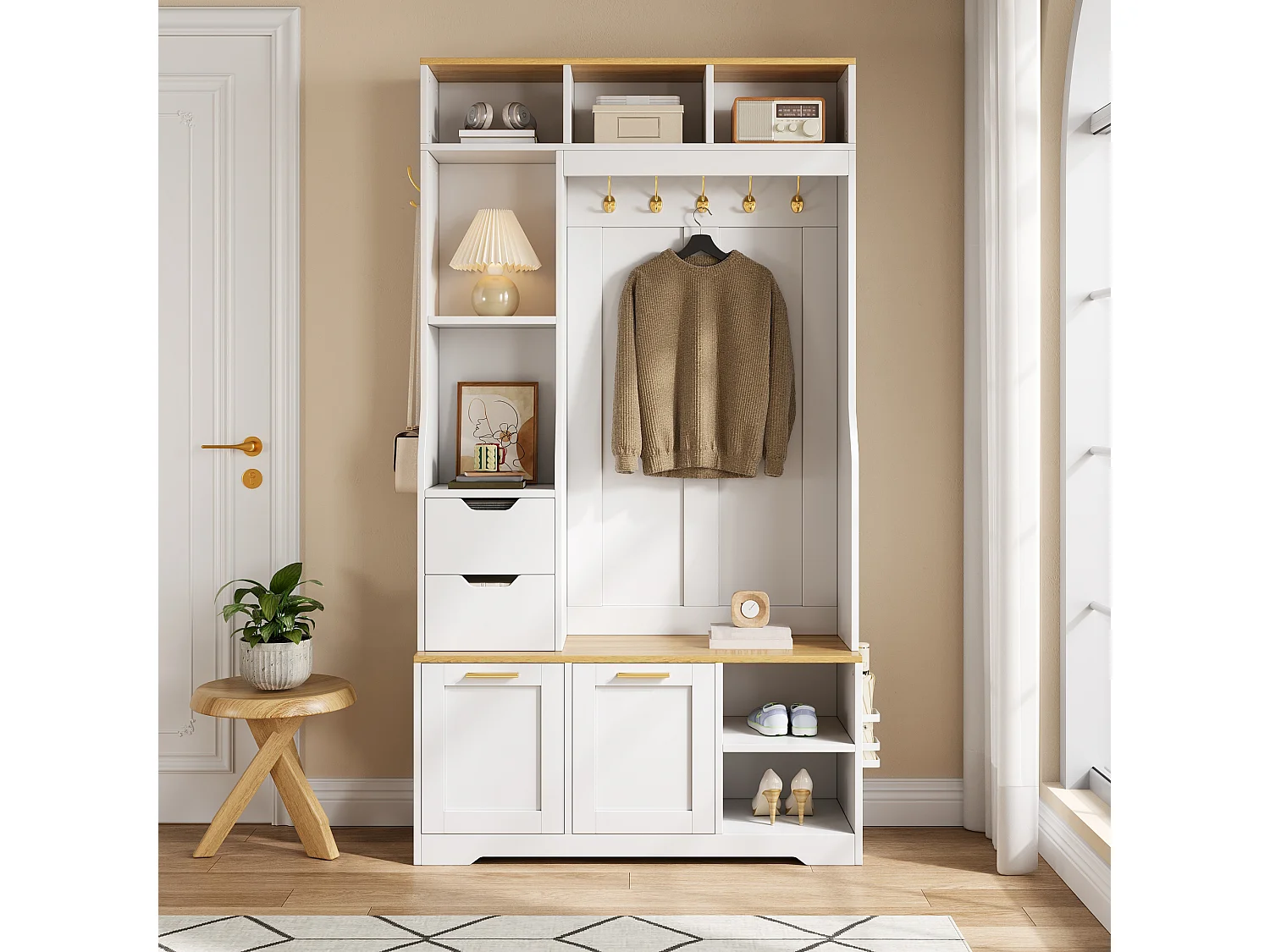 Entryway closet set - Coat rack, shoe cabinet and bench - LED lighting - Hooks and 2 drawers - White