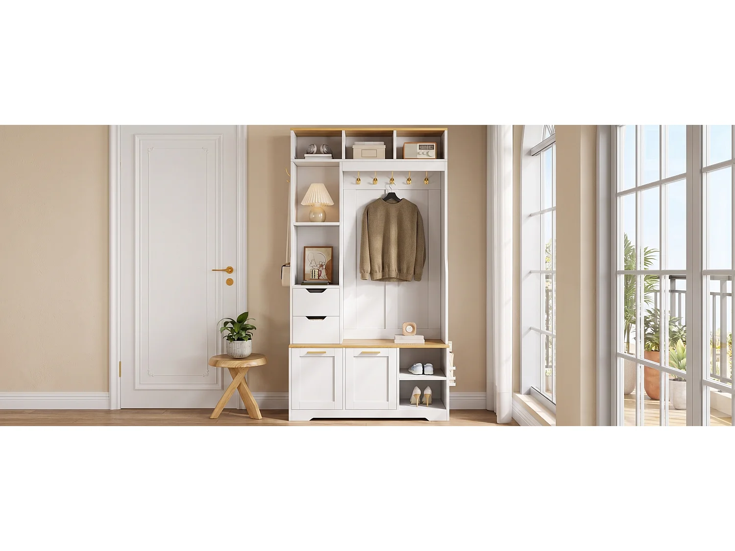 Entryway closet set - Coat rack, shoe cabinet and bench - LED lighting - Hooks and 2 drawers - White