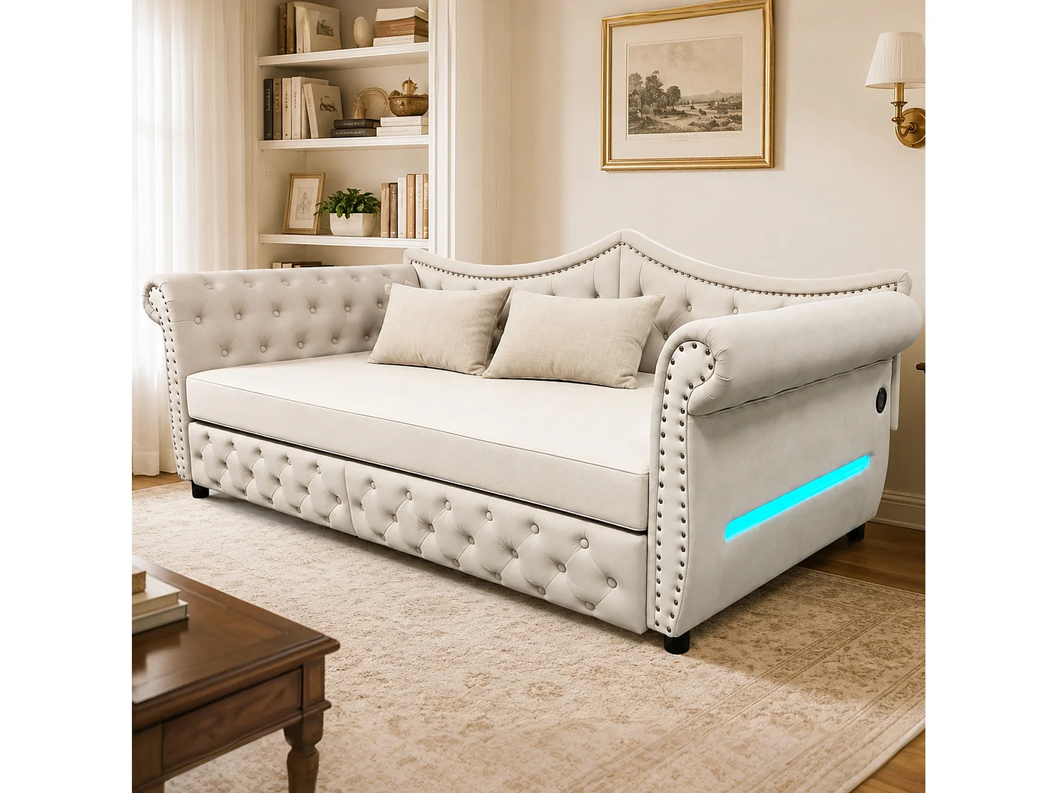 Canapé-lit 90 x 200 cm – avec 2 tiroirs – avec port de charge USB – Beige (matelas non inclus)