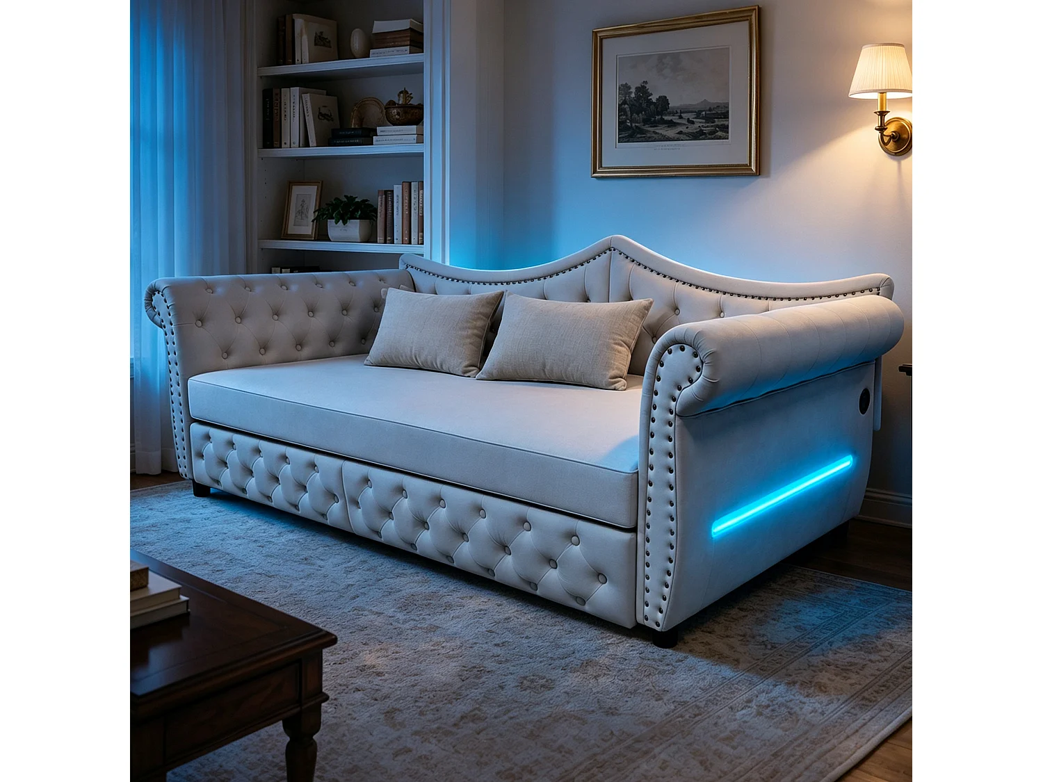 Canapé-lit 90 x 200 cm – avec 2 tiroirs – avec port de charge USB – Beige (matelas non inclus)