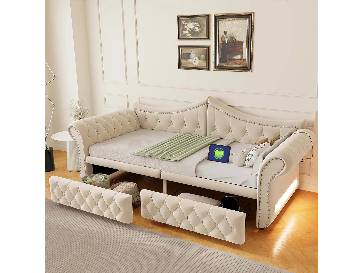 Canapé-lit 90 x 200 cm – avec 2 tiroirs – avec port de charge USB – Beige (matelas non inclus)