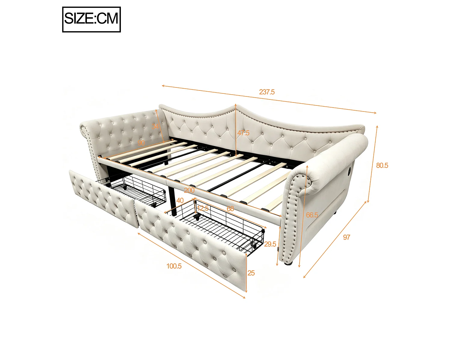 Canapé-lit 90 x 200 cm – avec 2 tiroirs – avec port de charge USB – Beige (matelas non inclus)