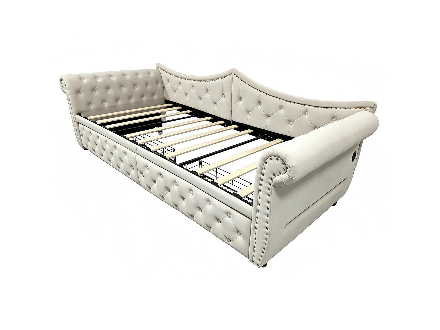 Canapé-lit 90 x 200 cm – avec 2 tiroirs – avec port de charge USB – Beige (matelas non inclus)