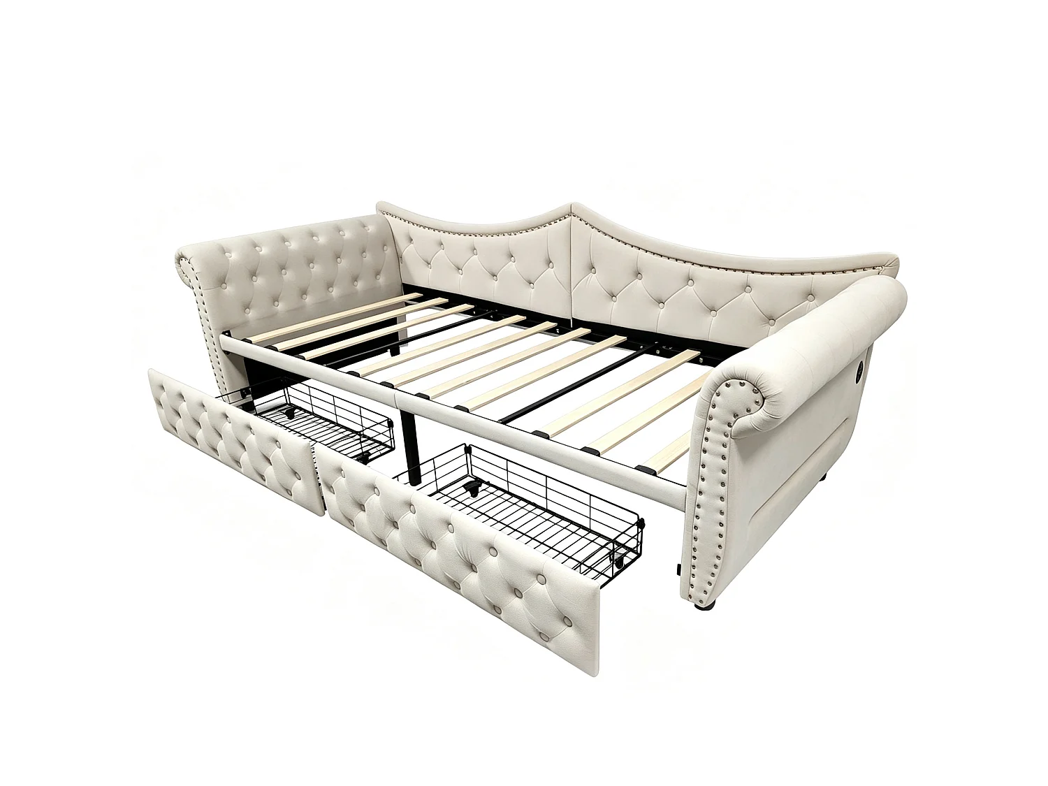 Canapé-lit 90 x 200 cm – avec 2 tiroirs – avec port de charge USB – Beige (matelas non inclus)