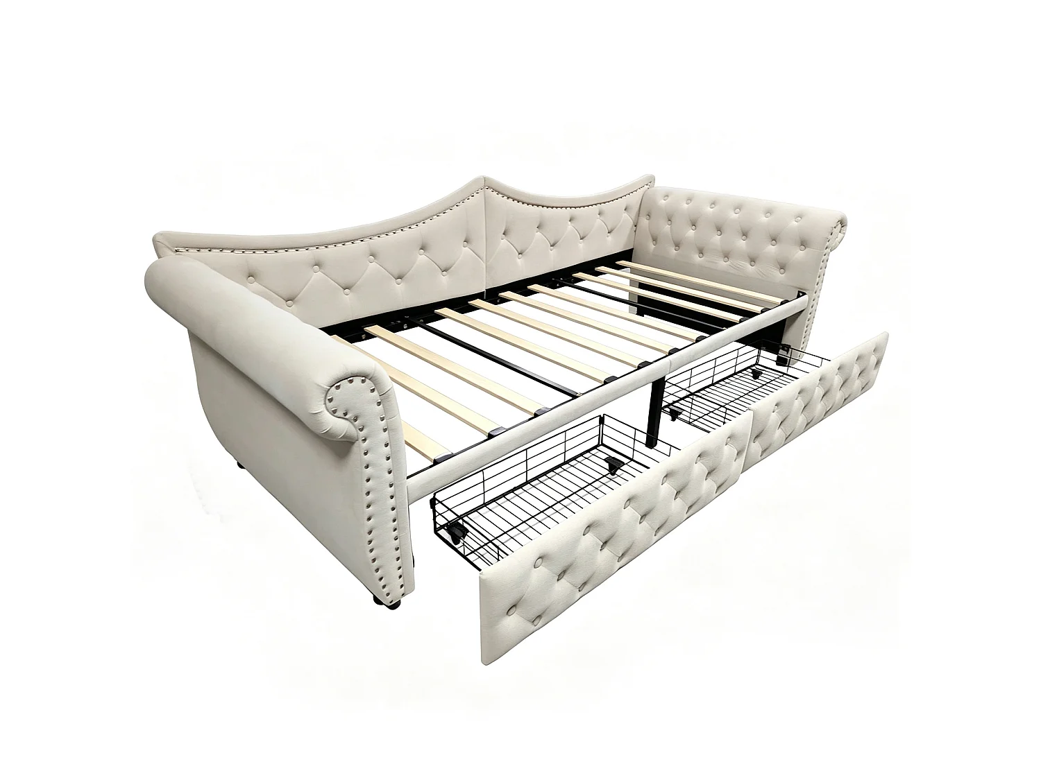 Canapé-lit 90 x 200 cm – avec 2 tiroirs – avec port de charge USB – Beige (matelas non inclus)