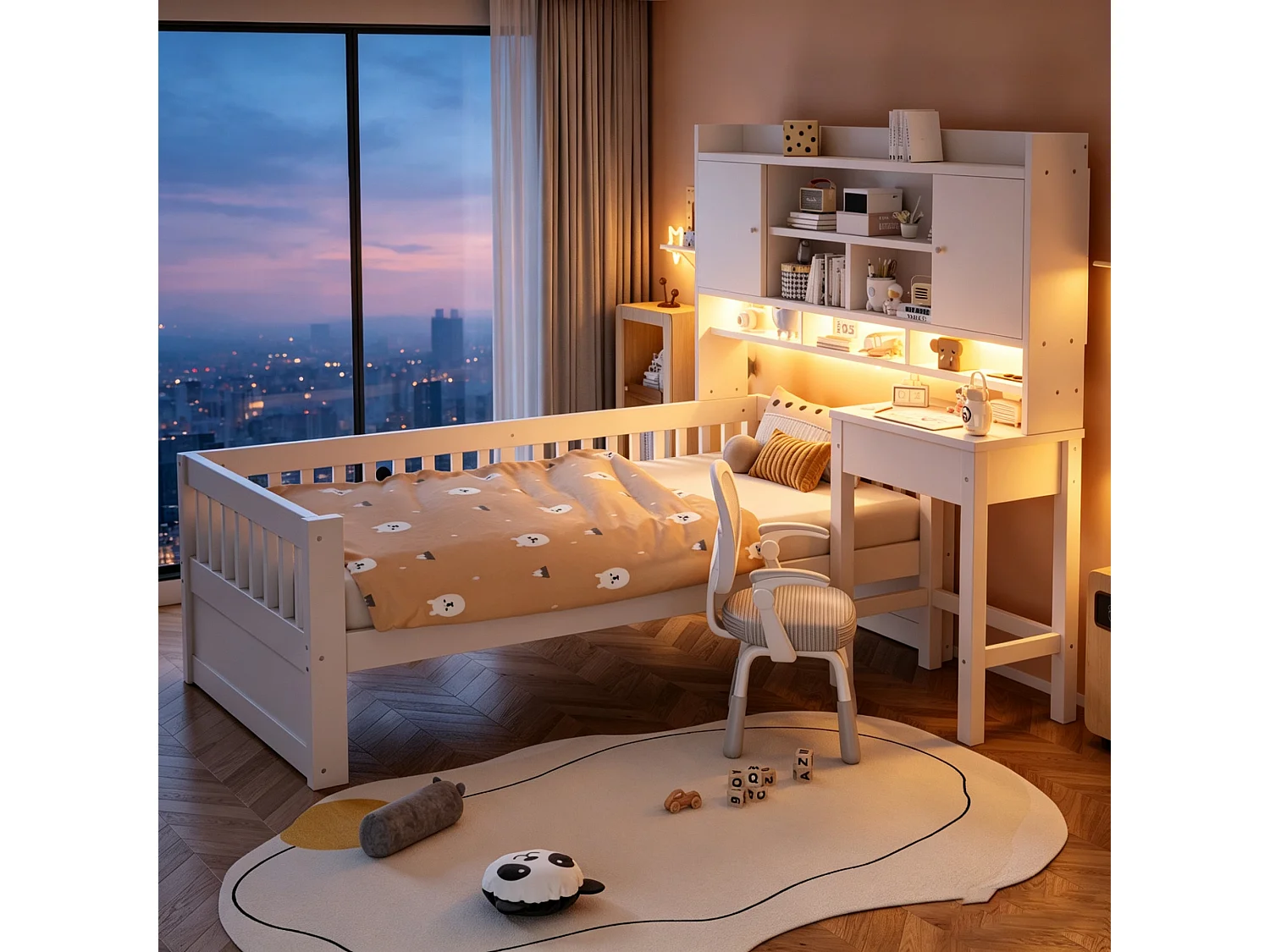 Lit multifonction en bois pour enfant 90 x 200 cm – avec étagères - bureau+1 tiroir - éclairage LED +prise électrique – blanc (matelas non inclus)