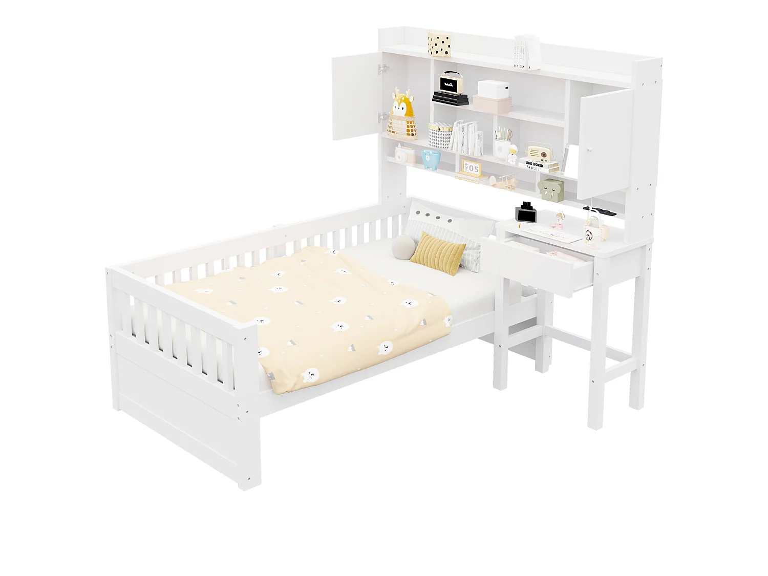 Lit multifonction en bois pour enfant 90 x 200 cm – avec étagères - bureau+1 tiroir - éclairage LED +prise électrique – blanc (matelas non inclus)