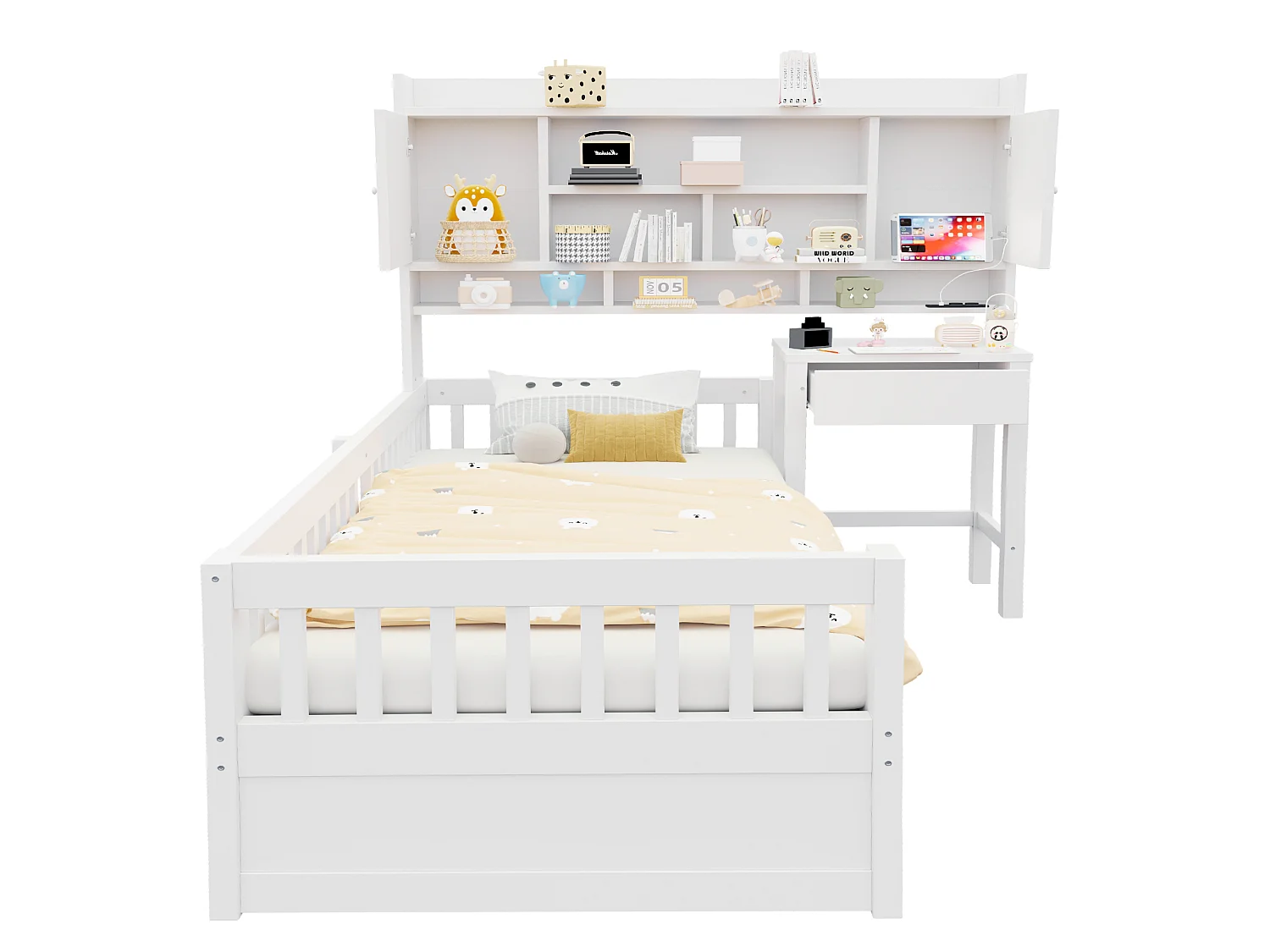 Lit multifonction en bois pour enfant 90 x 200 cm – avec étagères - bureau+1 tiroir - éclairage LED +prise électrique – blanc (matelas non inclus)