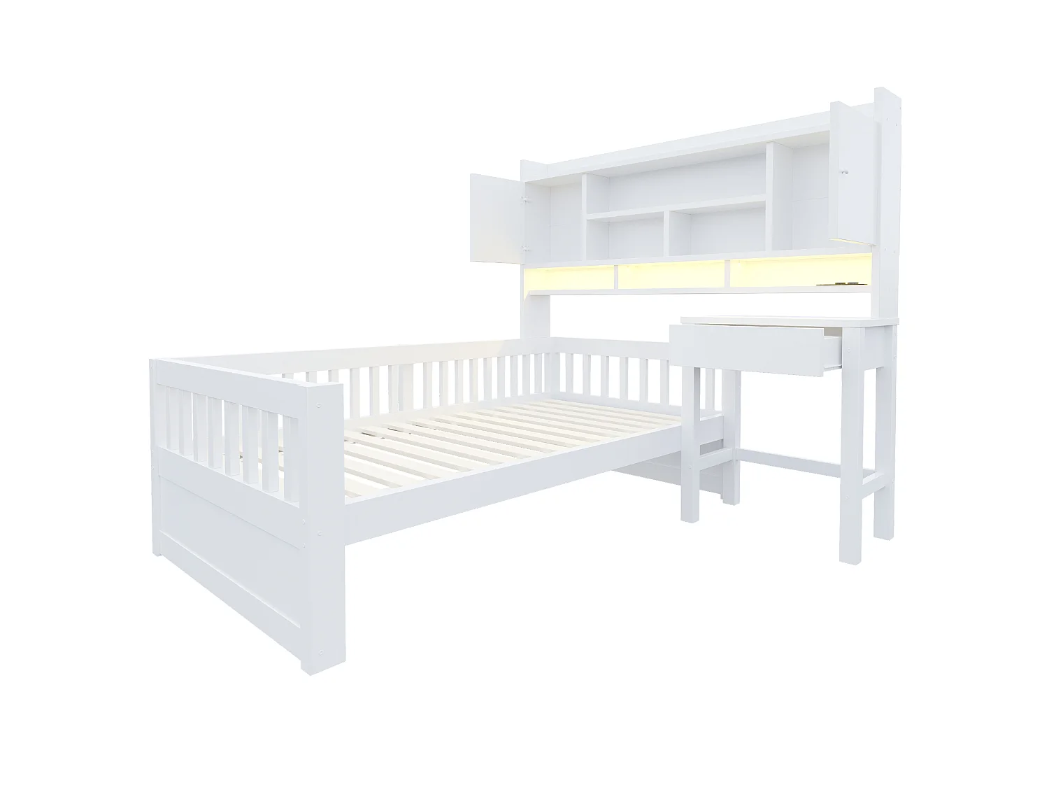 Lit multifonction en bois pour enfant 90 x 200 cm – avec étagères - bureau+1 tiroir - éclairage LED +prise électrique – blanc (matelas non inclus)