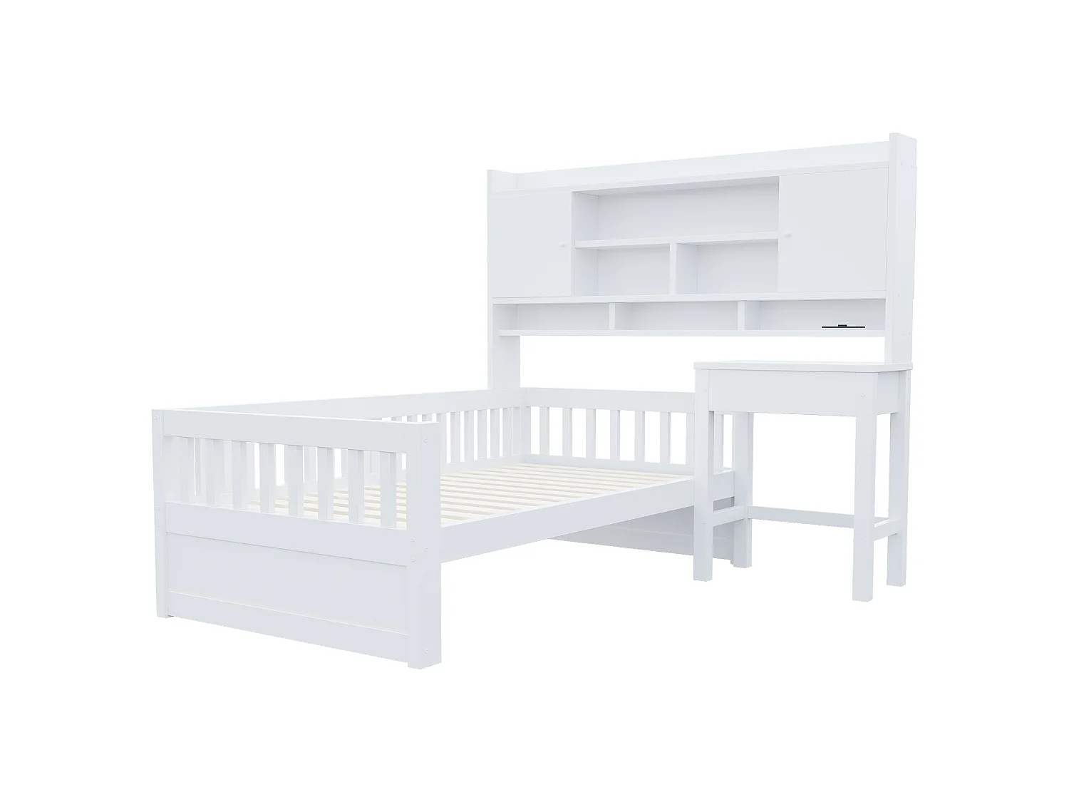 Lit multifonction en bois pour enfant 90 x 200 cm – avec étagères - bureau+1 tiroir - éclairage LED +prise électrique – blanc (matelas non inclus)