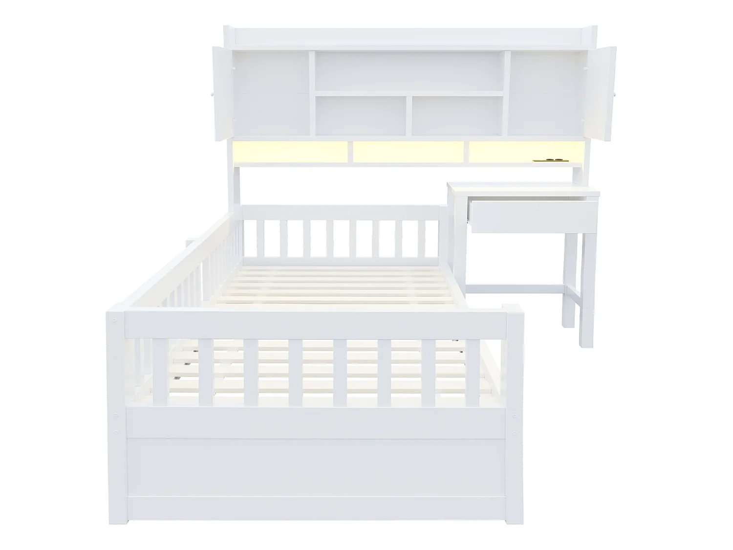 Lit multifonction en bois pour enfant 90 x 200 cm – avec étagères - bureau+1 tiroir - éclairage LED +prise électrique – blanc (matelas non inclus)