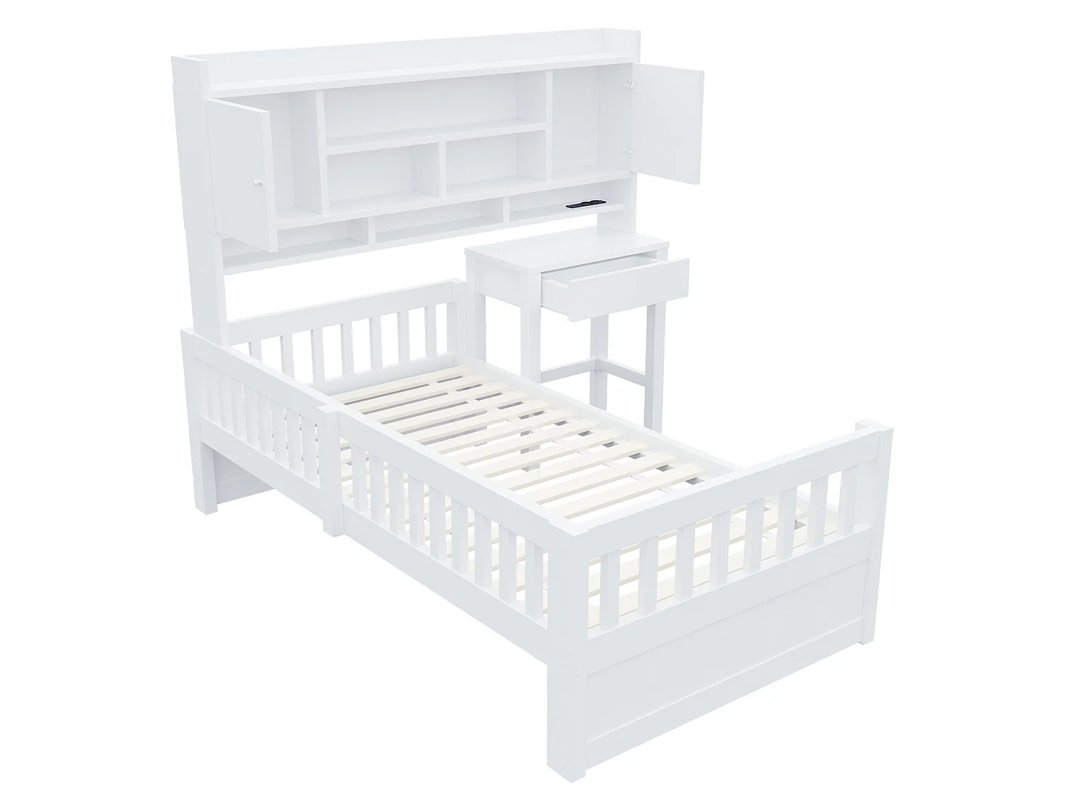 Lit multifonction en bois pour enfant 90 x 200 cm – avec étagères - bureau+1 tiroir - éclairage LED +prise électrique – blanc (matelas non inclus)