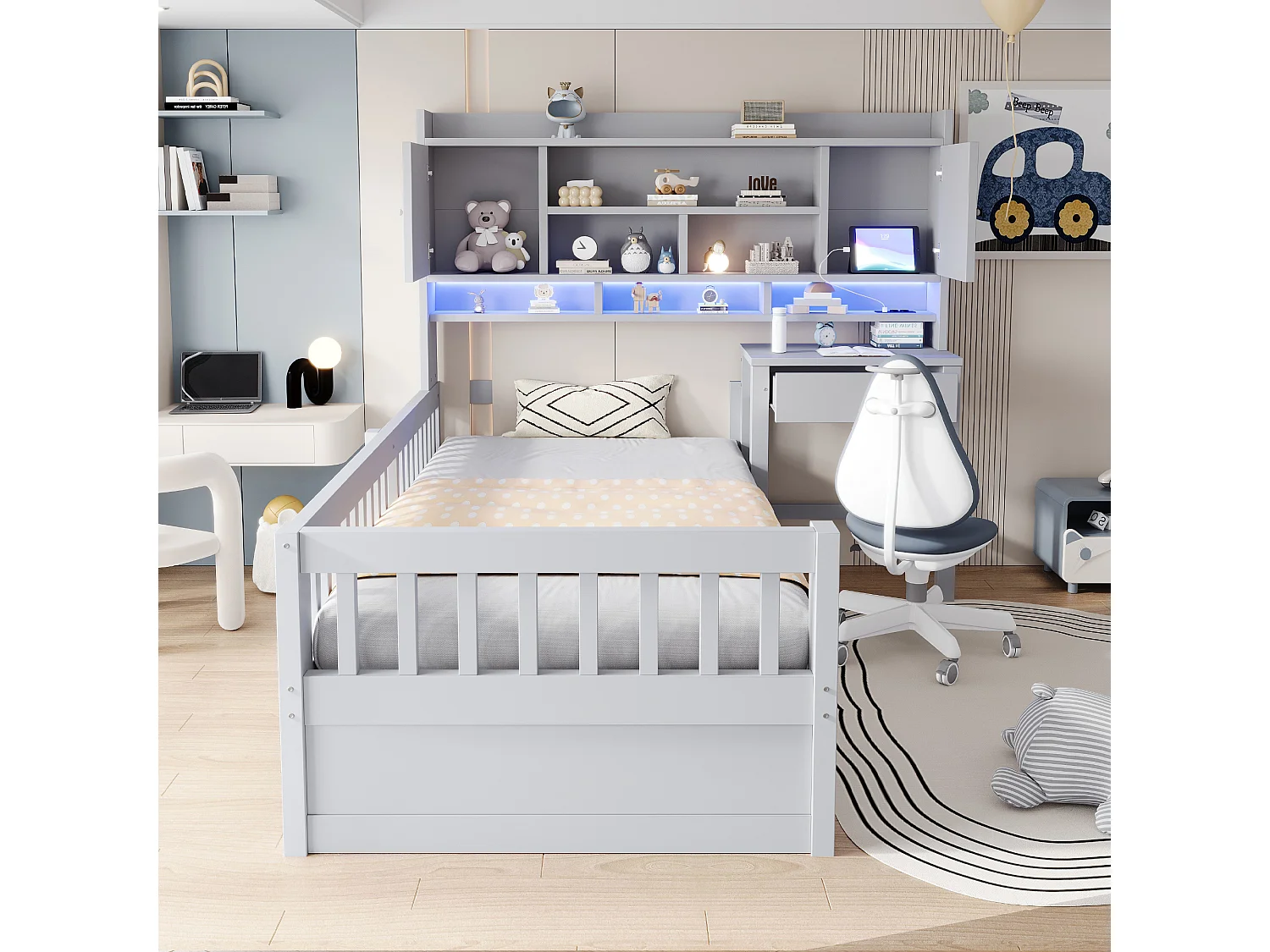 Multifunktionales Kinderbett aus Holz 90 x 200 cm – mit Regalen - Schreibtisch+1 Schublade - LED-Beleuchtung +Steckdose – Grau (Matratze nicht enthalten)