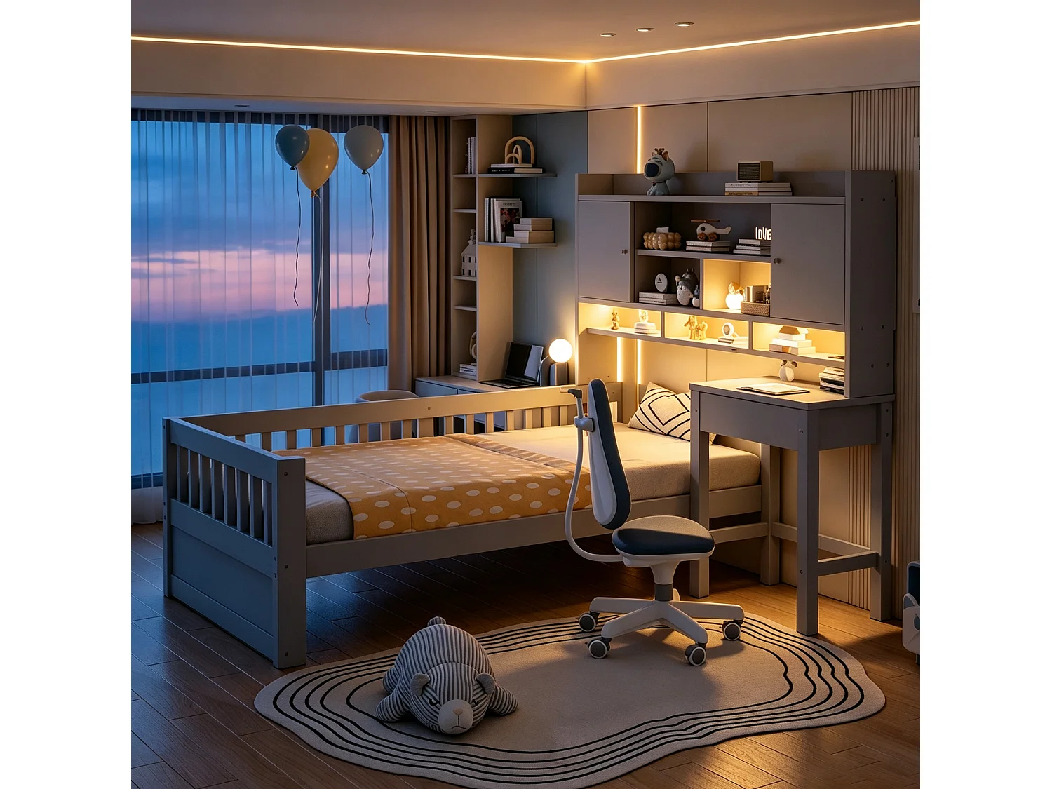 Multifunktionales Kinderbett aus Holz 90 x 200 cm – mit Regalen - Schreibtisch+1 Schublade - LED-Beleuchtung +Steckdose – Grau (Matratze nicht enthalten)
