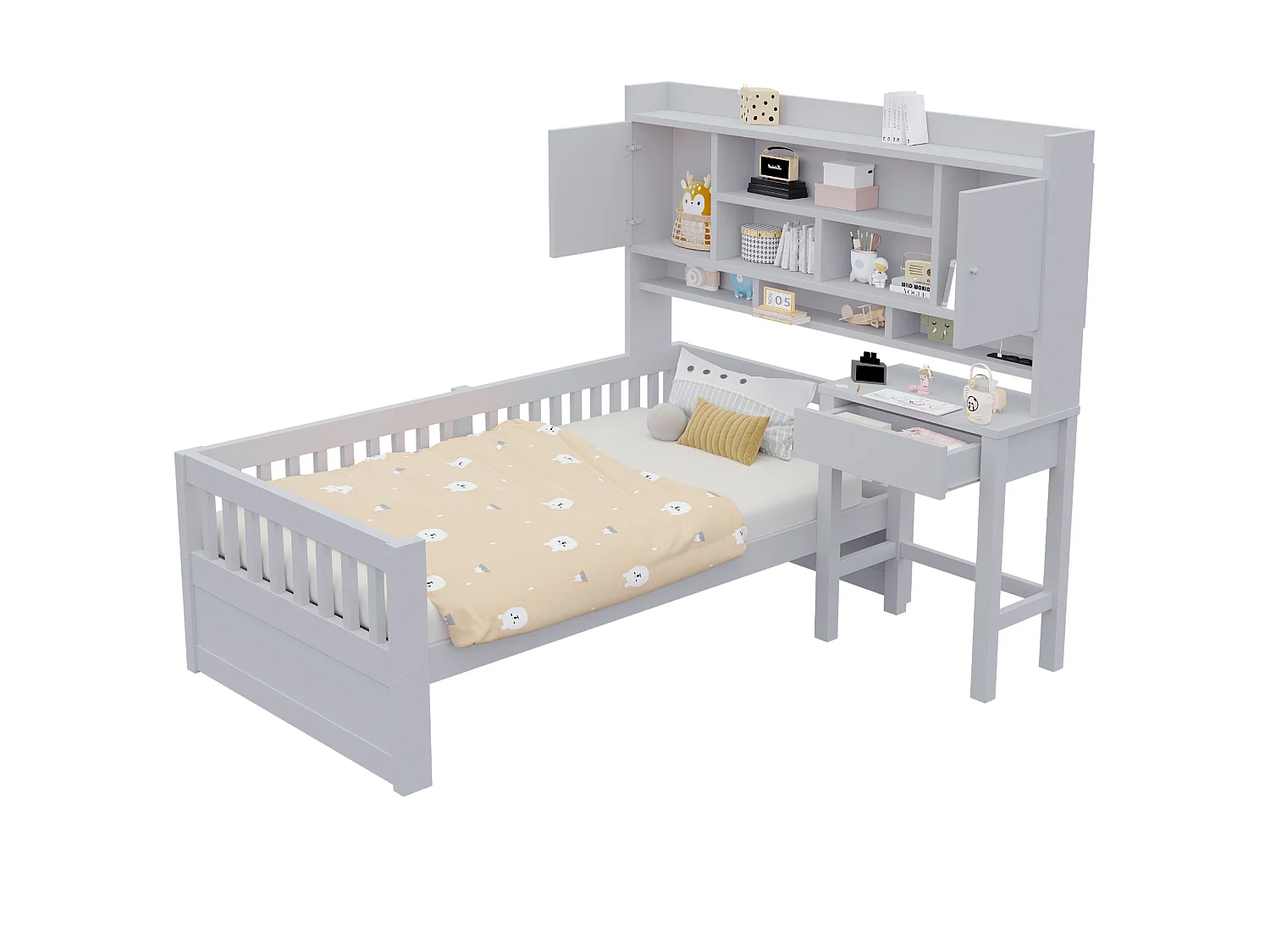 Multifunktionales Kinderbett aus Holz 90 x 200 cm – mit Regalen - Schreibtisch+1 Schublade - LED-Beleuchtung +Steckdose – Grau (Matratze nicht enthalten)