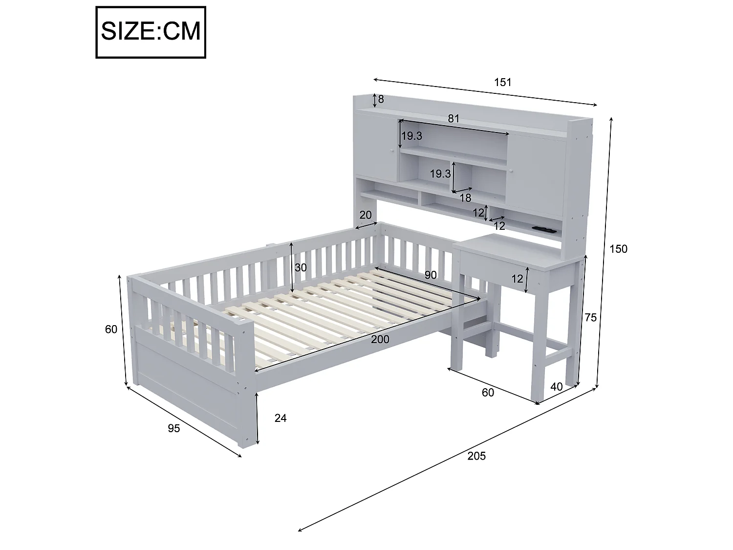 Multifunktionales Kinderbett aus Holz 90 x 200 cm – mit Regalen - Schreibtisch+1 Schublade - LED-Beleuchtung +Steckdose – Grau (Matratze nicht enthalten)