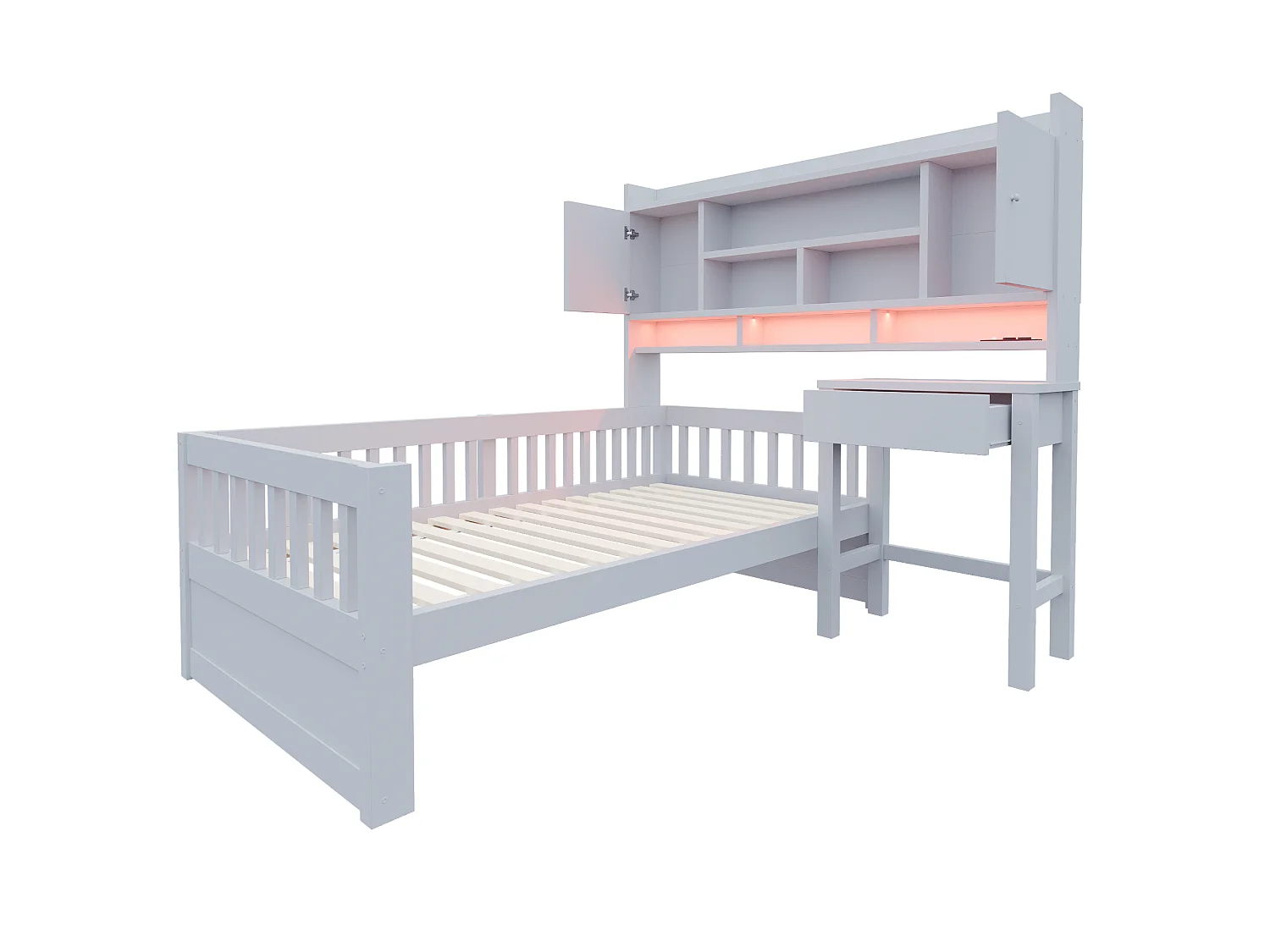 Multifunktionales Kinderbett aus Holz 90 x 200 cm – mit Regalen - Schreibtisch+1 Schublade - LED-Beleuchtung +Steckdose – Grau (Matratze nicht enthalten)