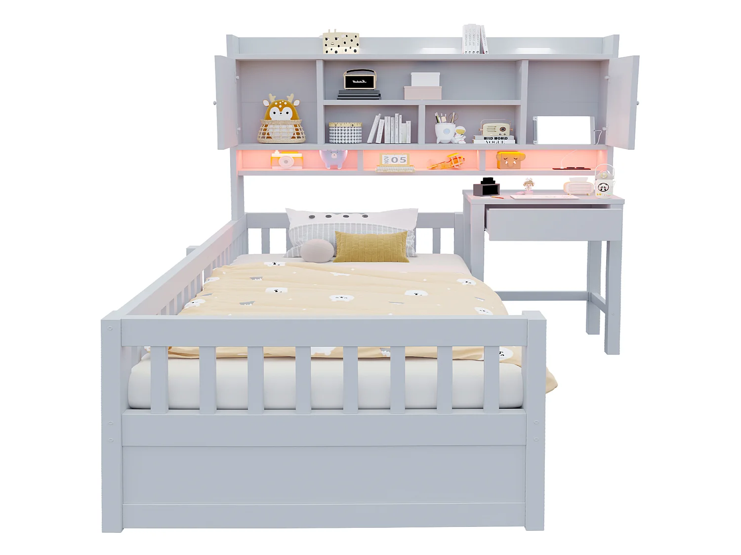 Multifunktionales Kinderbett aus Holz 90 x 200 cm – mit Regalen - Schreibtisch+1 Schublade - LED-Beleuchtung +Steckdose – Grau (Matratze nicht enthalten)