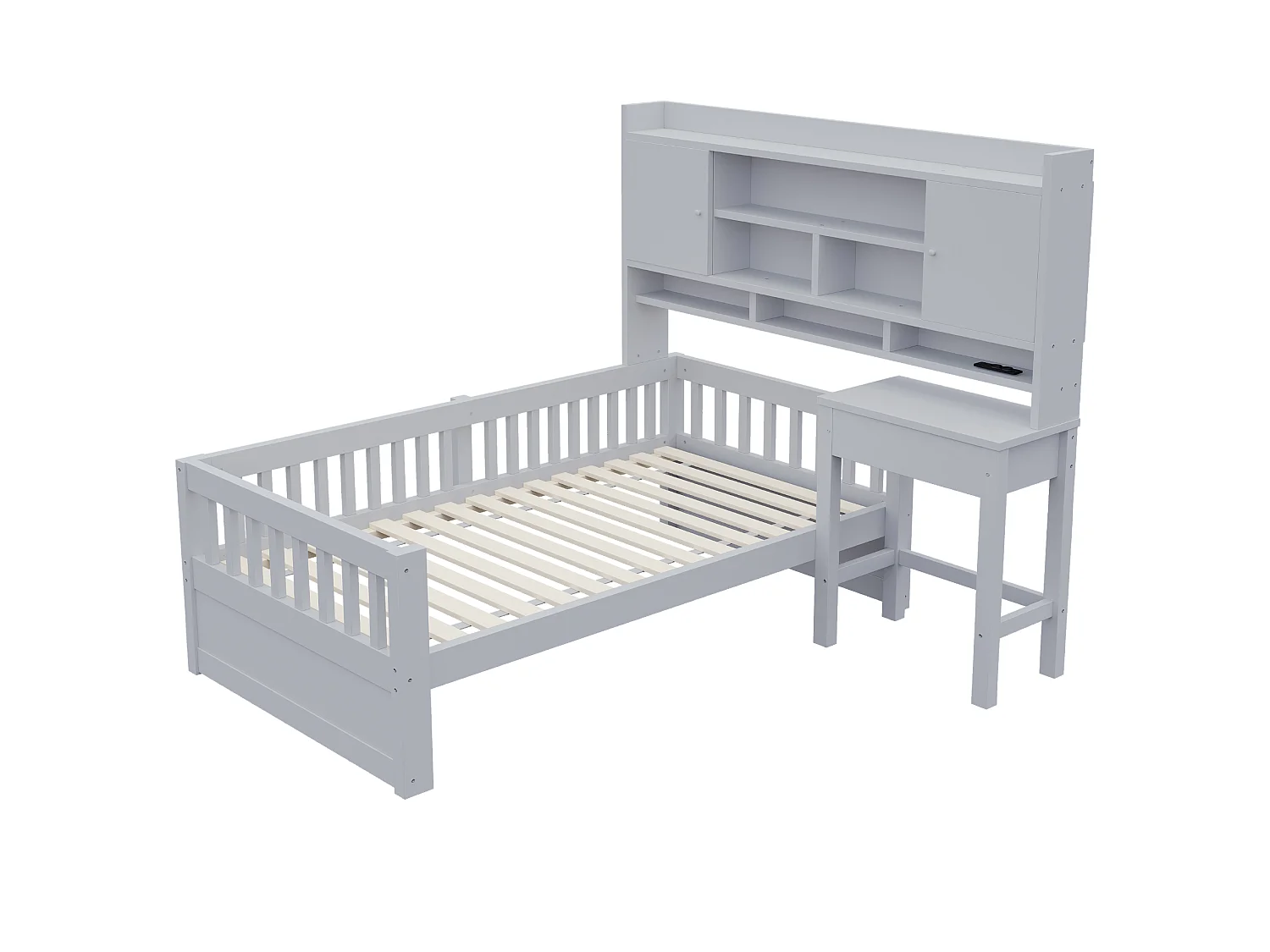 Multifunktionales Kinderbett aus Holz 90 x 200 cm – mit Regalen - Schreibtisch+1 Schublade - LED-Beleuchtung +Steckdose – Grau (Matratze nicht enthalten)