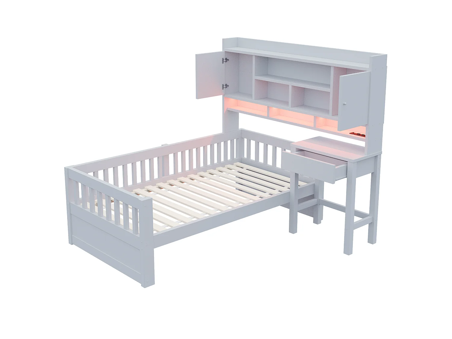 Multifunktionales Kinderbett aus Holz 90 x 200 cm – mit Regalen - Schreibtisch+1 Schublade - LED-Beleuchtung +Steckdose – Grau (Matratze nicht enthalten)
