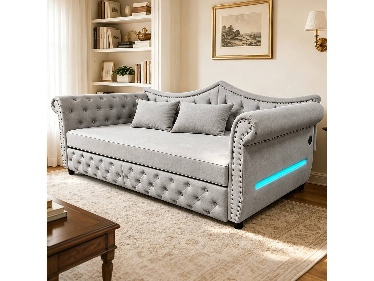 Canapé-lit 90 x 200 cm – avec 2 tiroirs – avec port de charge USB – gris (matelas non inclus)