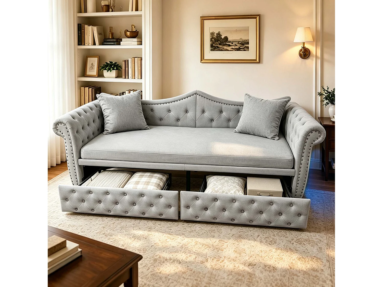 Canapé-lit 90 x 200 cm – avec 2 tiroirs – avec port de charge USB – gris (matelas non inclus)