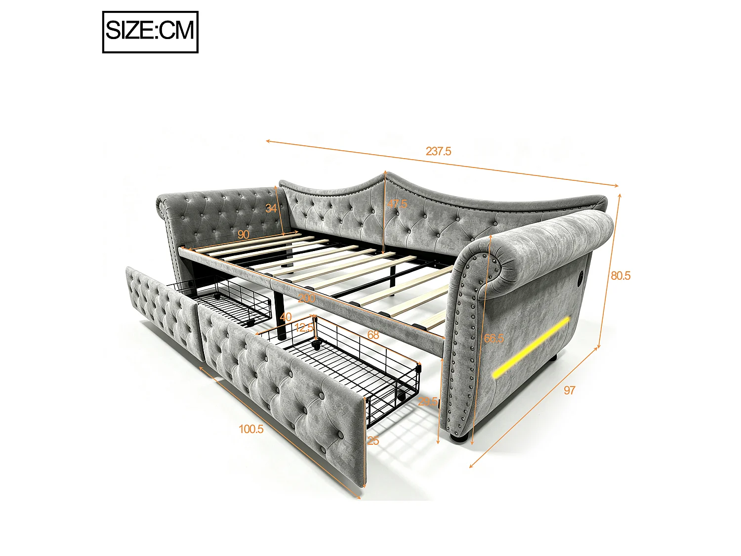 Canapé-lit 90 x 200 cm – avec 2 tiroirs – avec port de charge USB – gris (matelas non inclus)