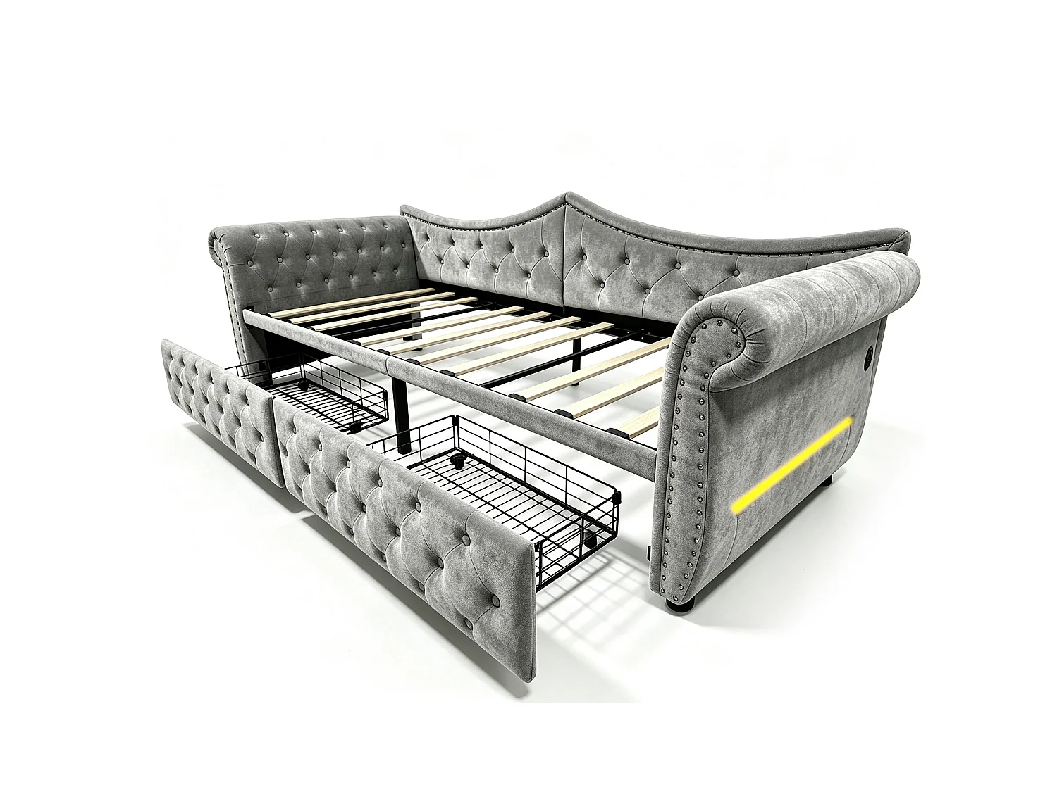 Canapé-lit 90 x 200 cm – avec 2 tiroirs – avec port de charge USB – gris (matelas non inclus)