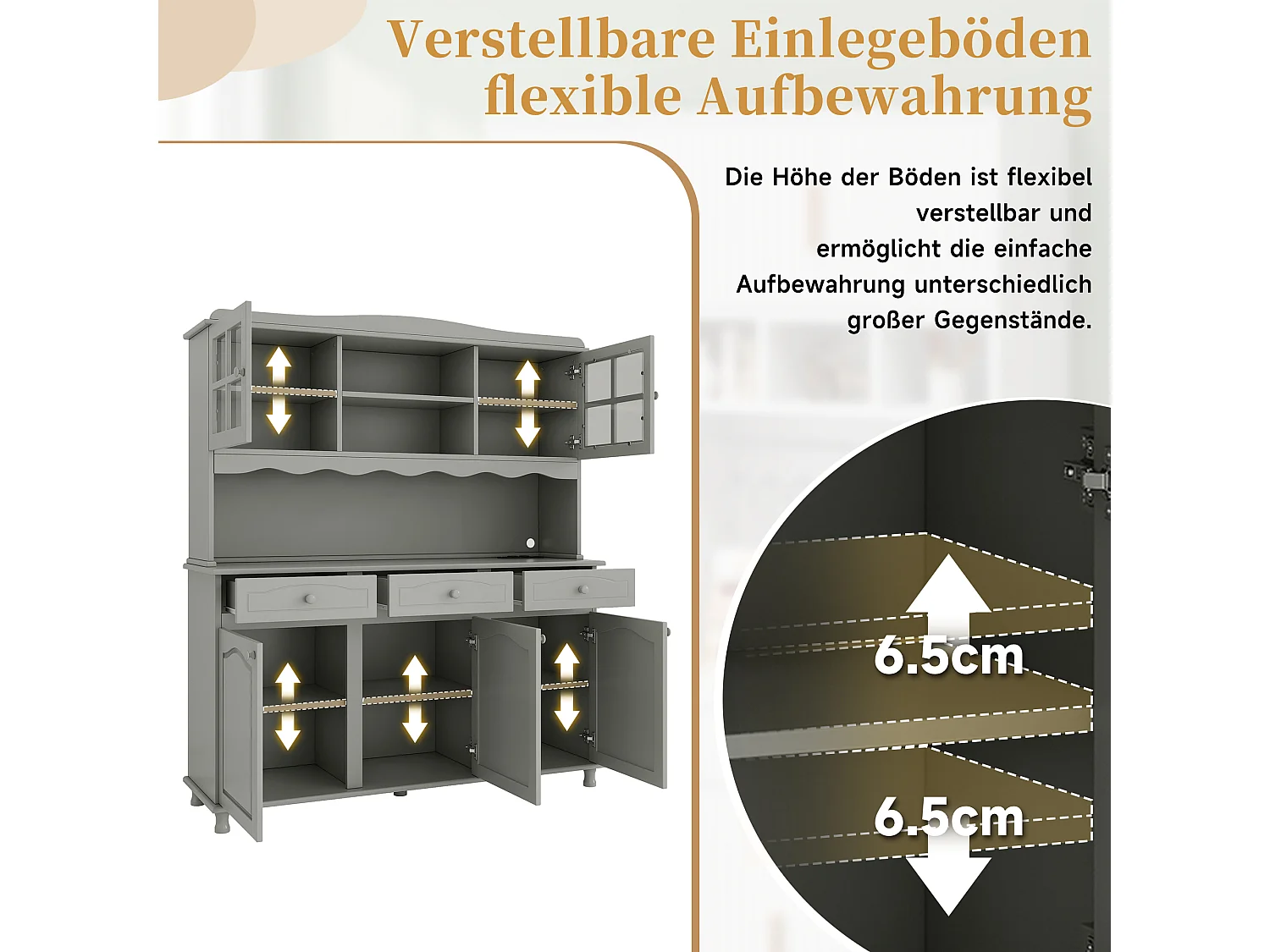 Armário alto de cozinha 135x40x185 cm - Com iluminação LED, tomadas elétricas e portas USB - 5 portas e 3 gavetas - Cinzento