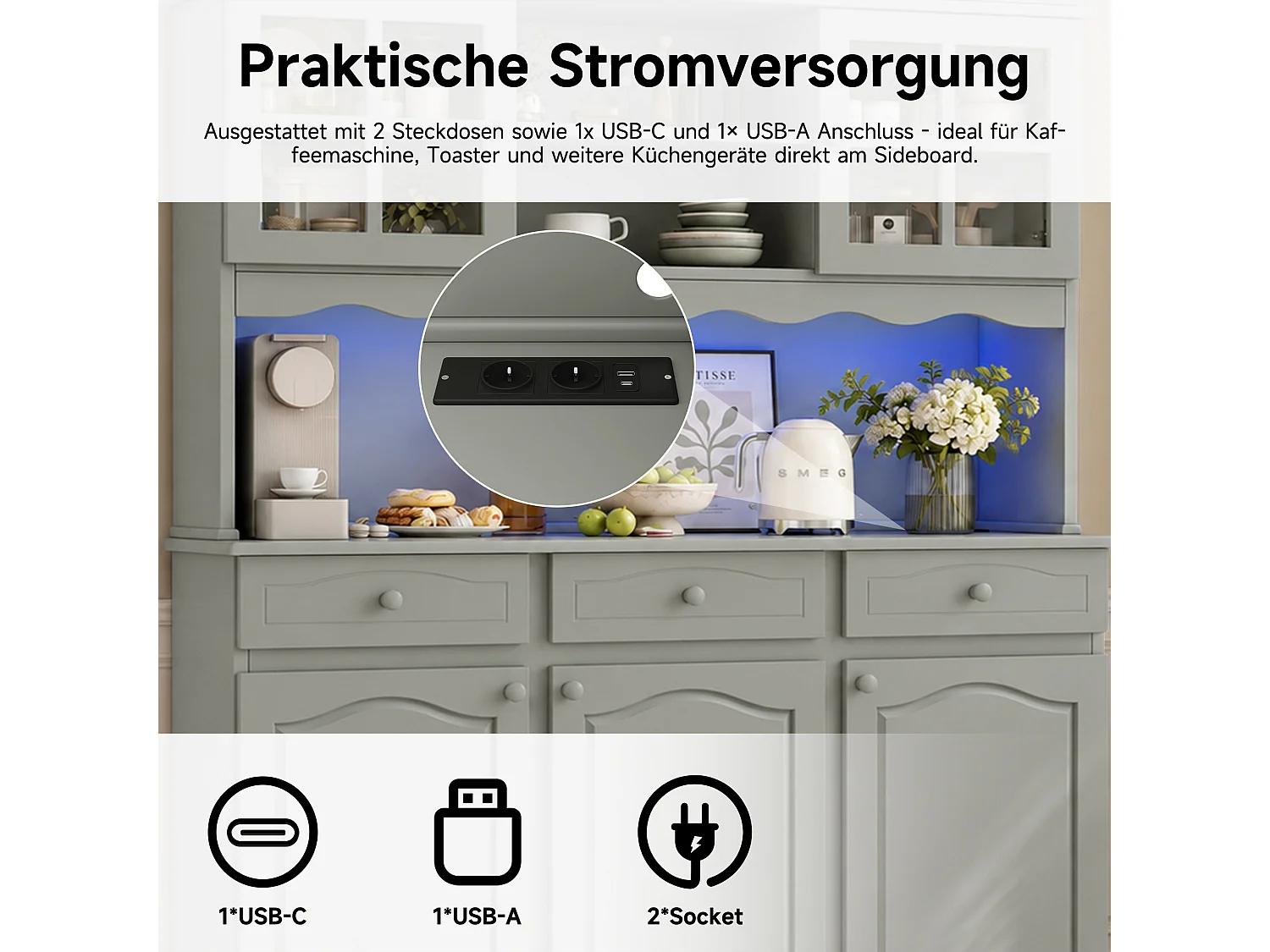 Armário alto de cozinha 135x40x185 cm - Com iluminação LED, tomadas elétricas e portas USB - 5 portas e 3 gavetas - Cinzento