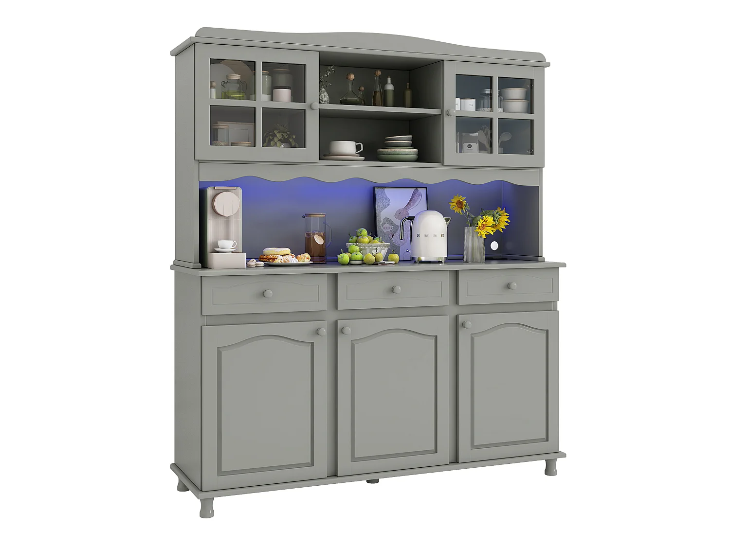 Armário alto de cozinha 135x40x185 cm - Com iluminação LED, tomadas elétricas e portas USB - 5 portas e 3 gavetas - Cinzento
