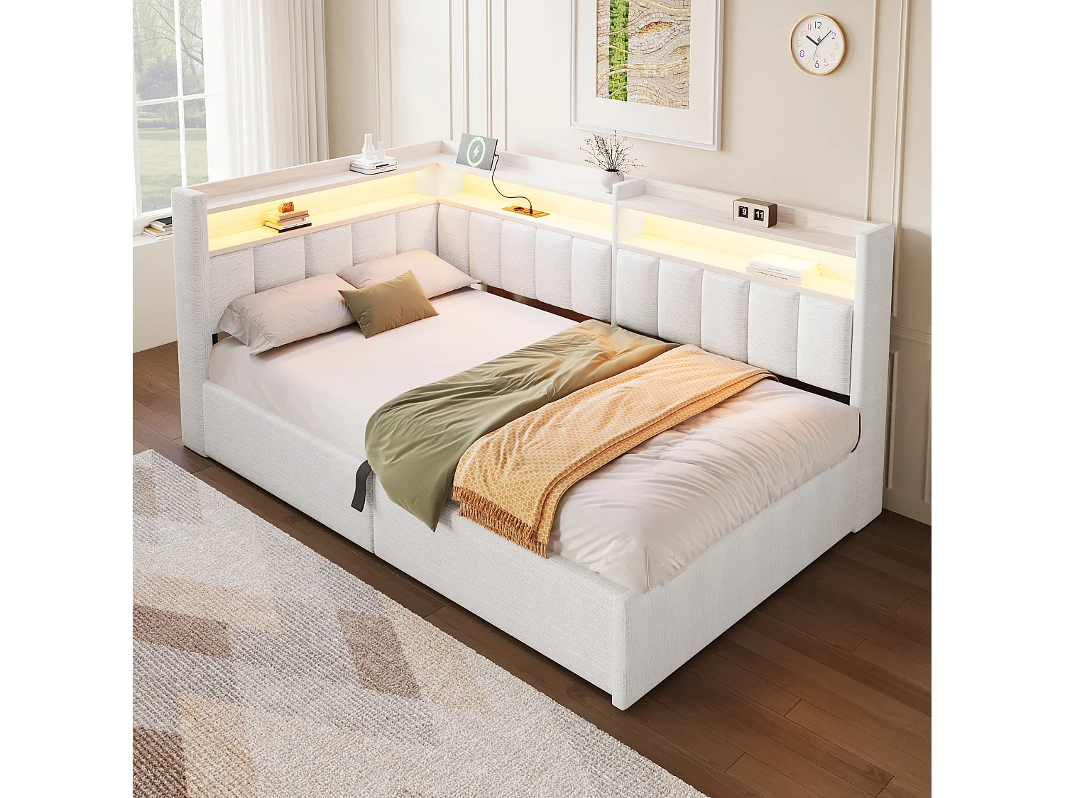 Sovesofa med opbevaringsrum 90 x 200 cm – med LED-belysning og USB-port – Velour – beige (madras ikke inkluderet)