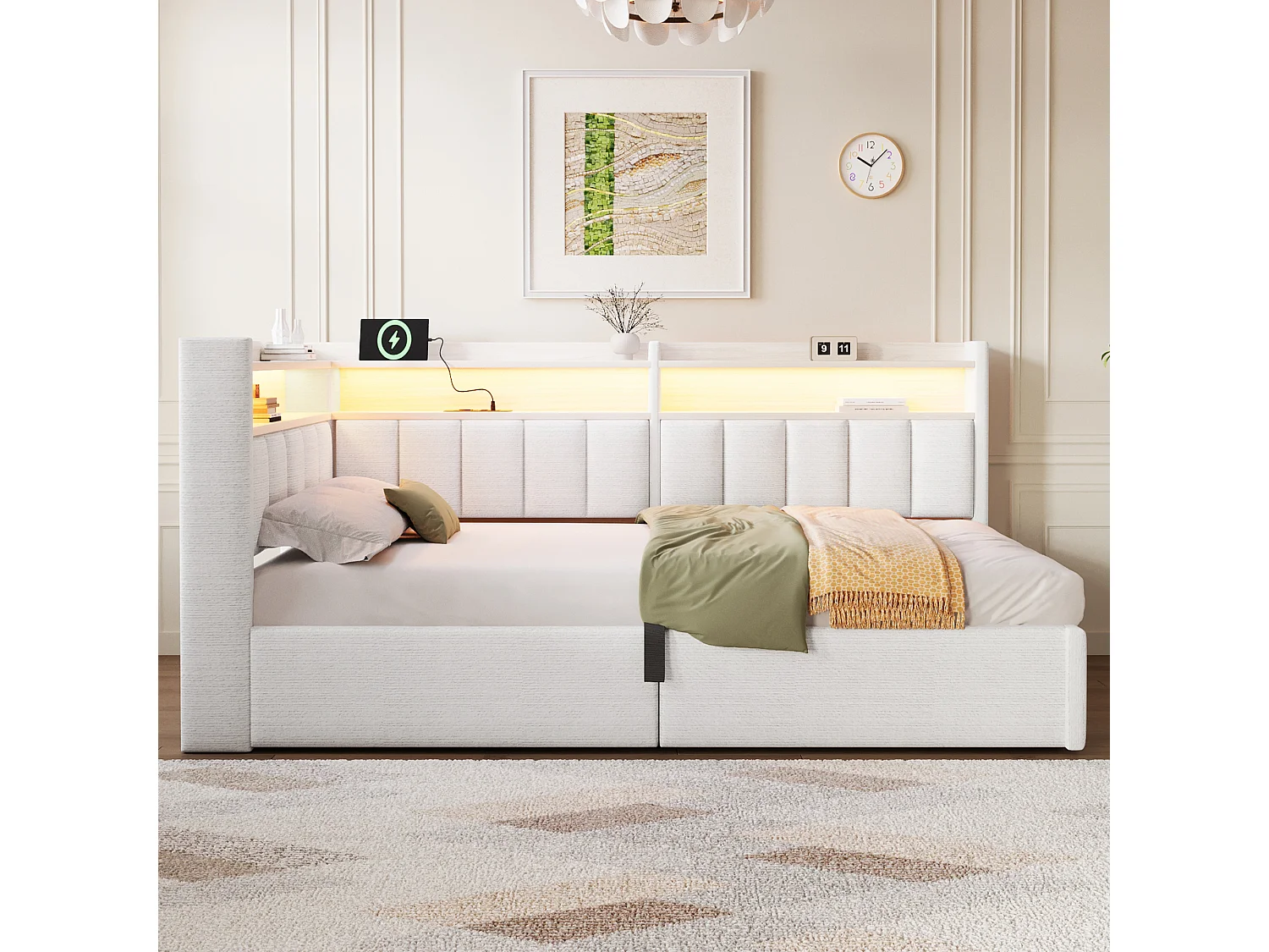 Sovesofa med opbevaringsrum 90 x 200 cm – med LED-belysning og USB-port – Velour – beige (madras ikke inkluderet)