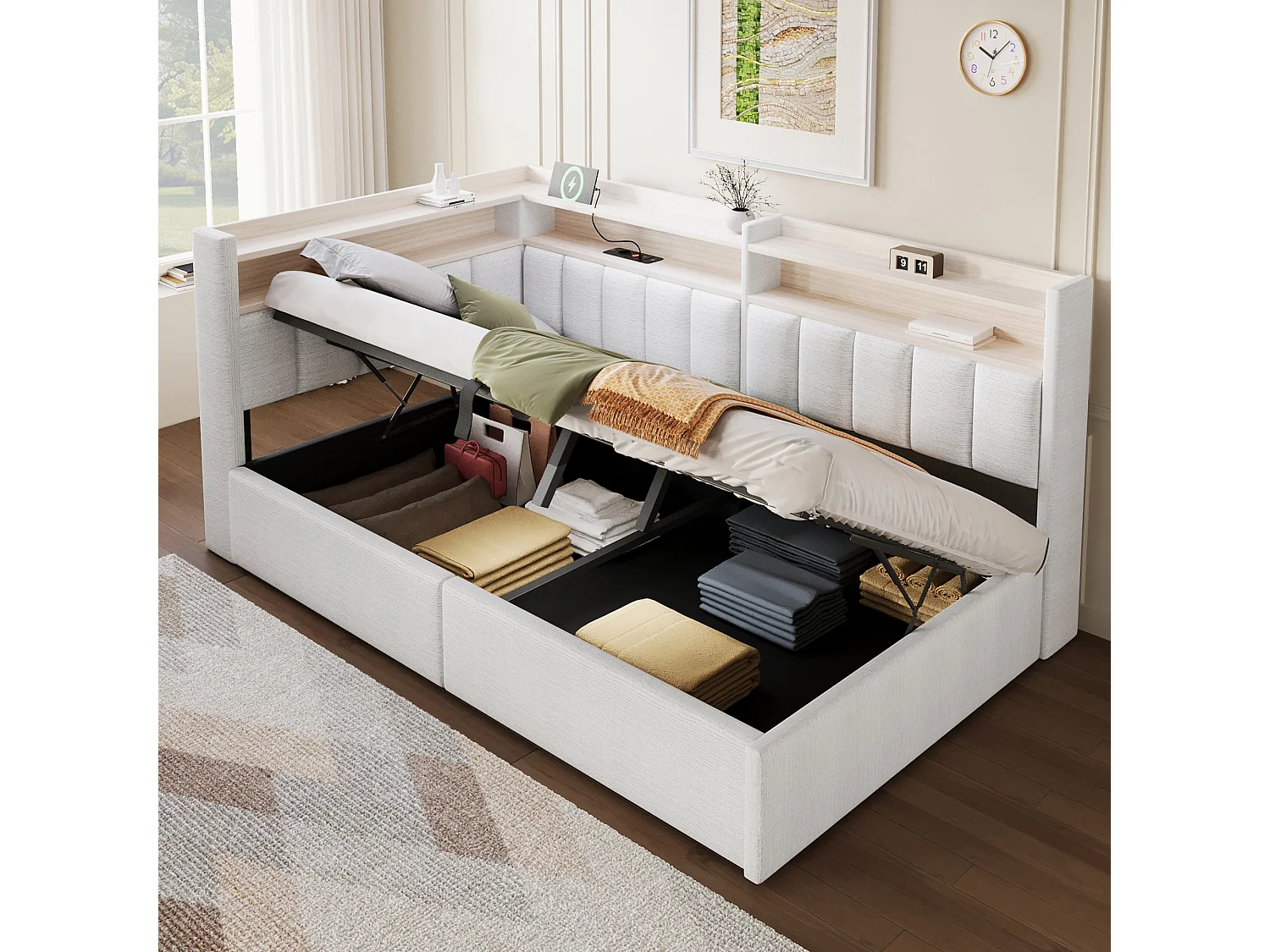 Sovesofa med opbevaringsrum 90 x 200 cm – med LED-belysning og USB-port – Velour – beige (madras ikke inkluderet)